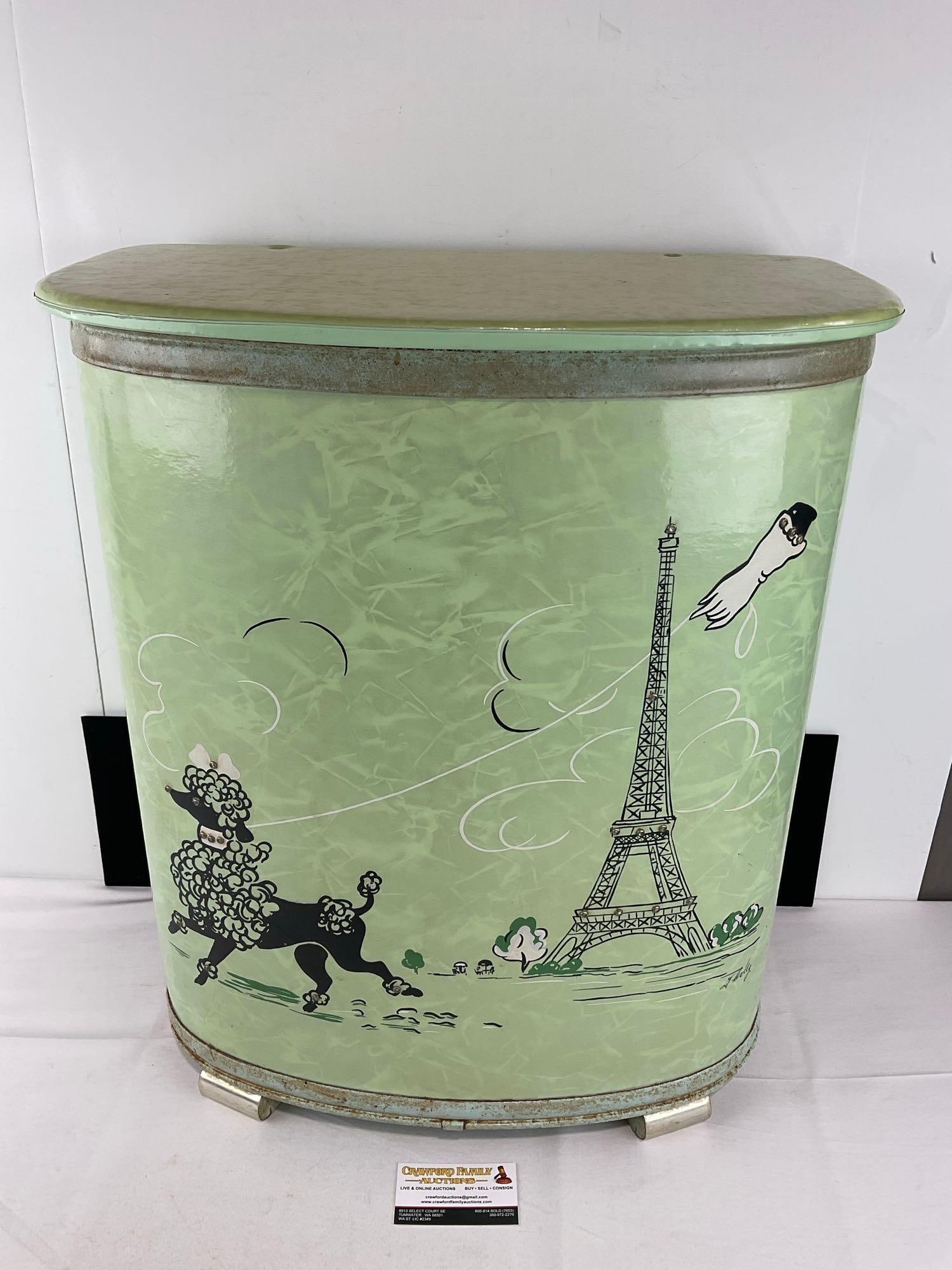 Rare Vintage 1950s Pearl Wick Fifi Poodle in Paris Laundry Hamper, Seafoam Green 26h x 22w x 13d ": Shows some wear and oxidation on the metal portions. Some yellowing to the top lid. See pics for condition. Measures approx 26h x 22w x 13d inches. E-5370 *Oversized shipping may apply* Valued