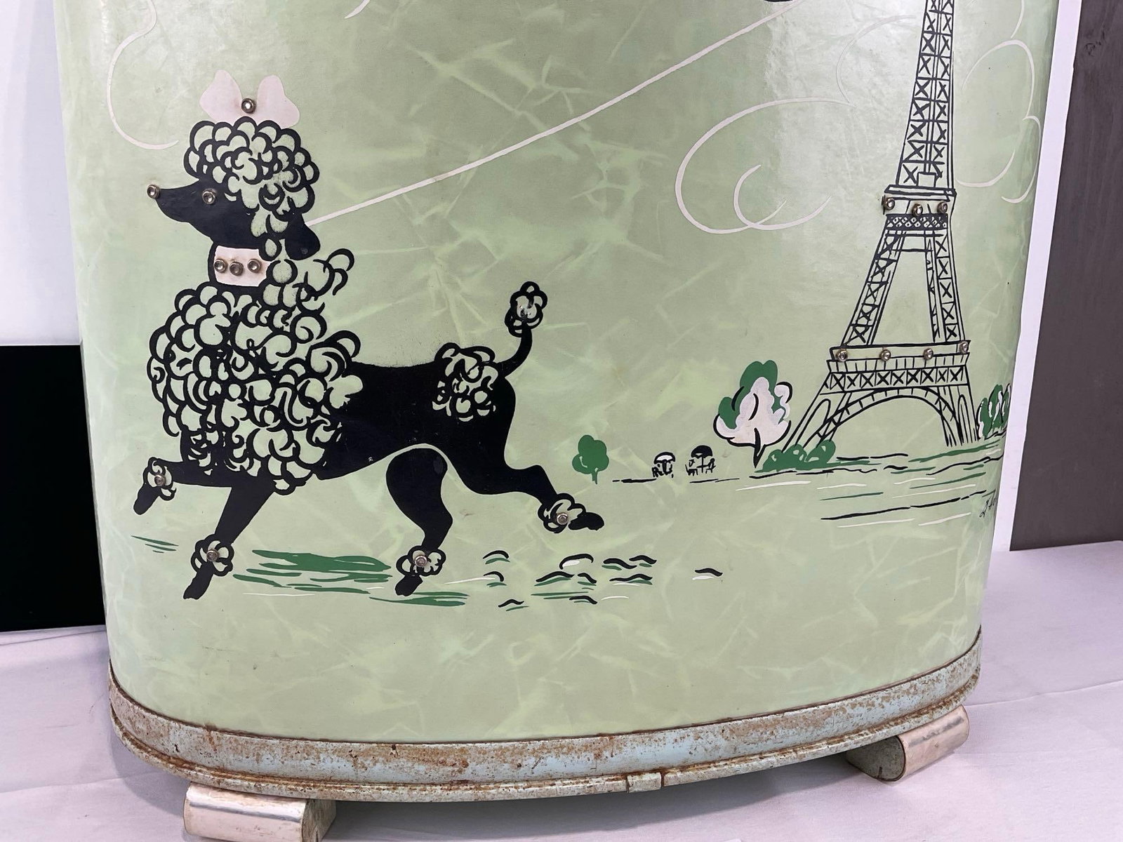 Rare Vintage 1950s Pearl Wick Fifi Poodle in Paris Laundry Hamper, Seafoam Green 26h x 22w x 13d " - 2
