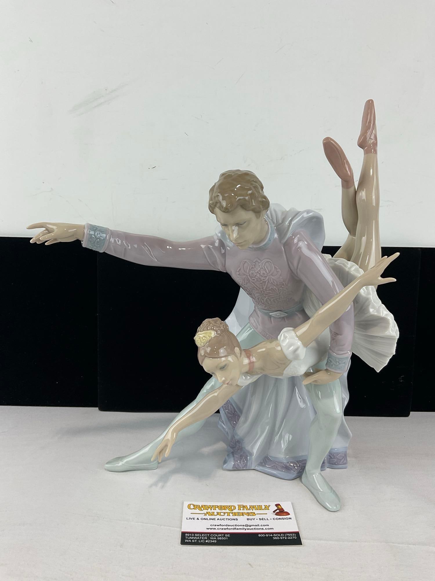 Rare Retired LLADRO Glazed Porcelain Figurine, #06374 Pas A Deux, 13h x 10w x 11d inches: Issued 1997, and retired in 2000. Originally sold for 745 dollars before retiring, . See pics for condition. The box measures approx 18h x 17w x 17d inches. E-6710 Fair Market Value sold's range from 