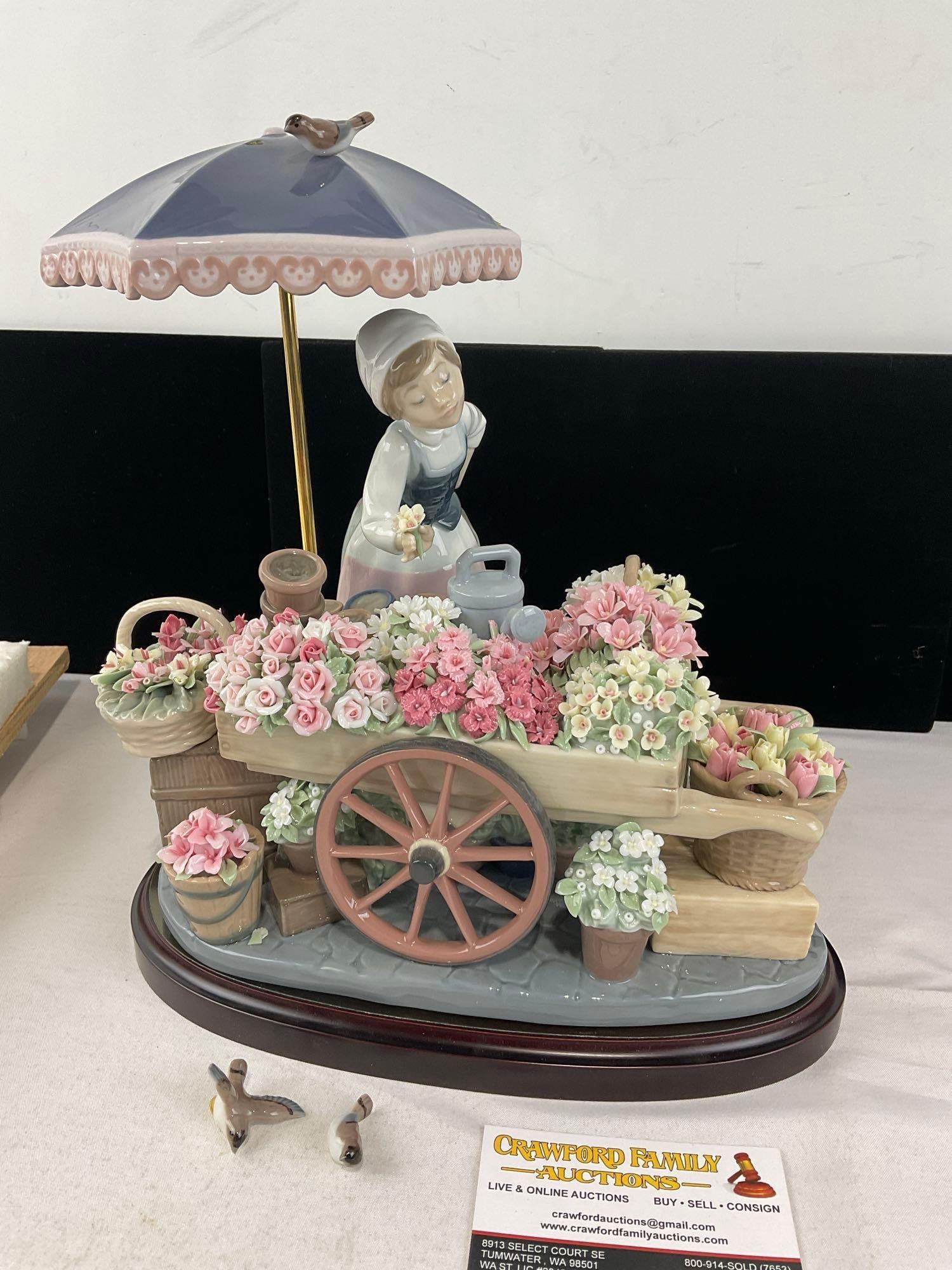 LLADRO Glazed Porcelain Figurine #01454 Flowers of the Season, Issued 1983, in original box: First introduced in 1983 Last retail price was 5,450 dollars. Comes with the fragile bisque porcelain umbrella piece w/brass screw on handle. See pics for condition. Some small leaves are broken, &