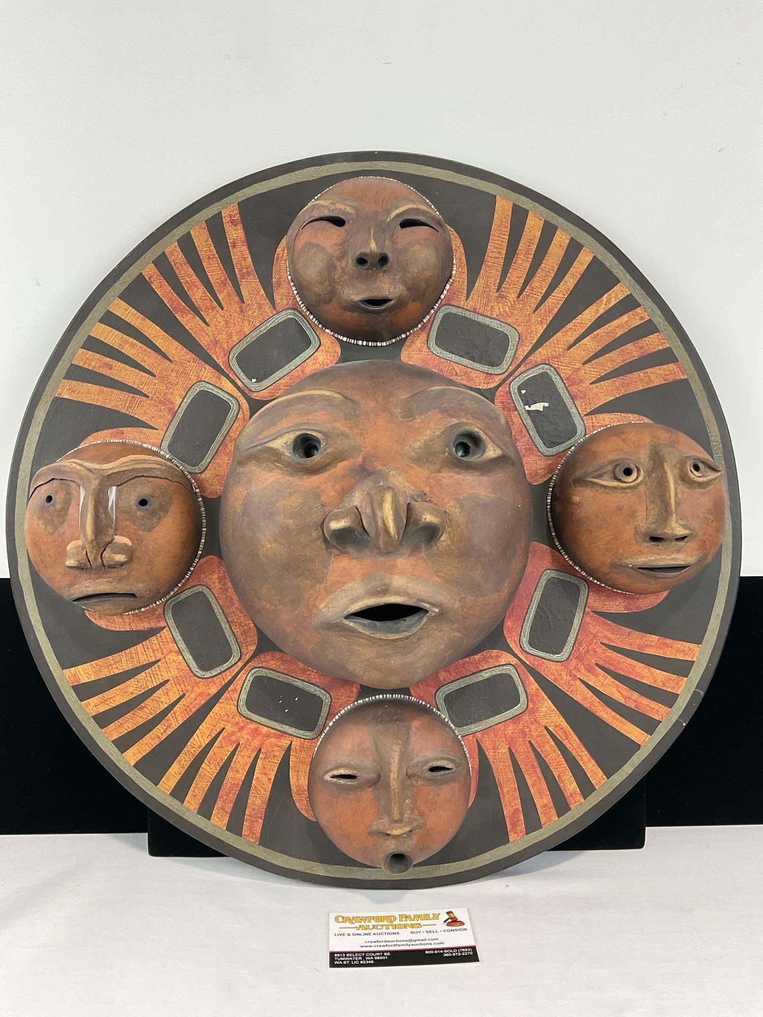SW Gourd Art Wall Hanging titled Sun Kachinas Northwest Coast Gourd Mask, signed Robert Rivera 1994: About the Artist Robert Rivera (Gourd Artist) : A highly recognized contemporary southwestern artist. Since the late 1970s, he has been famous for transforming ordinary gourds and seed pods into