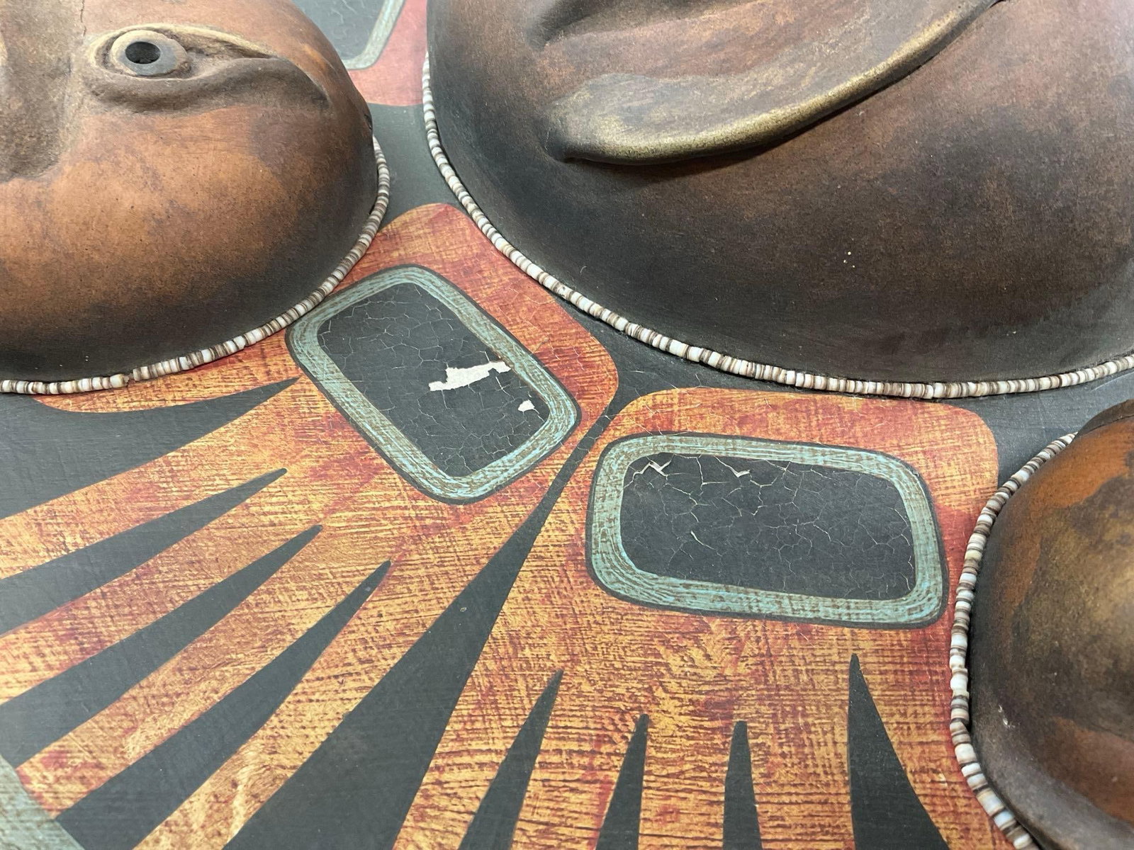 SW Gourd Art Wall Hanging titled Sun Kachinas Northwest Coast Gourd Mask, signed Robert Rivera 1994 - 8