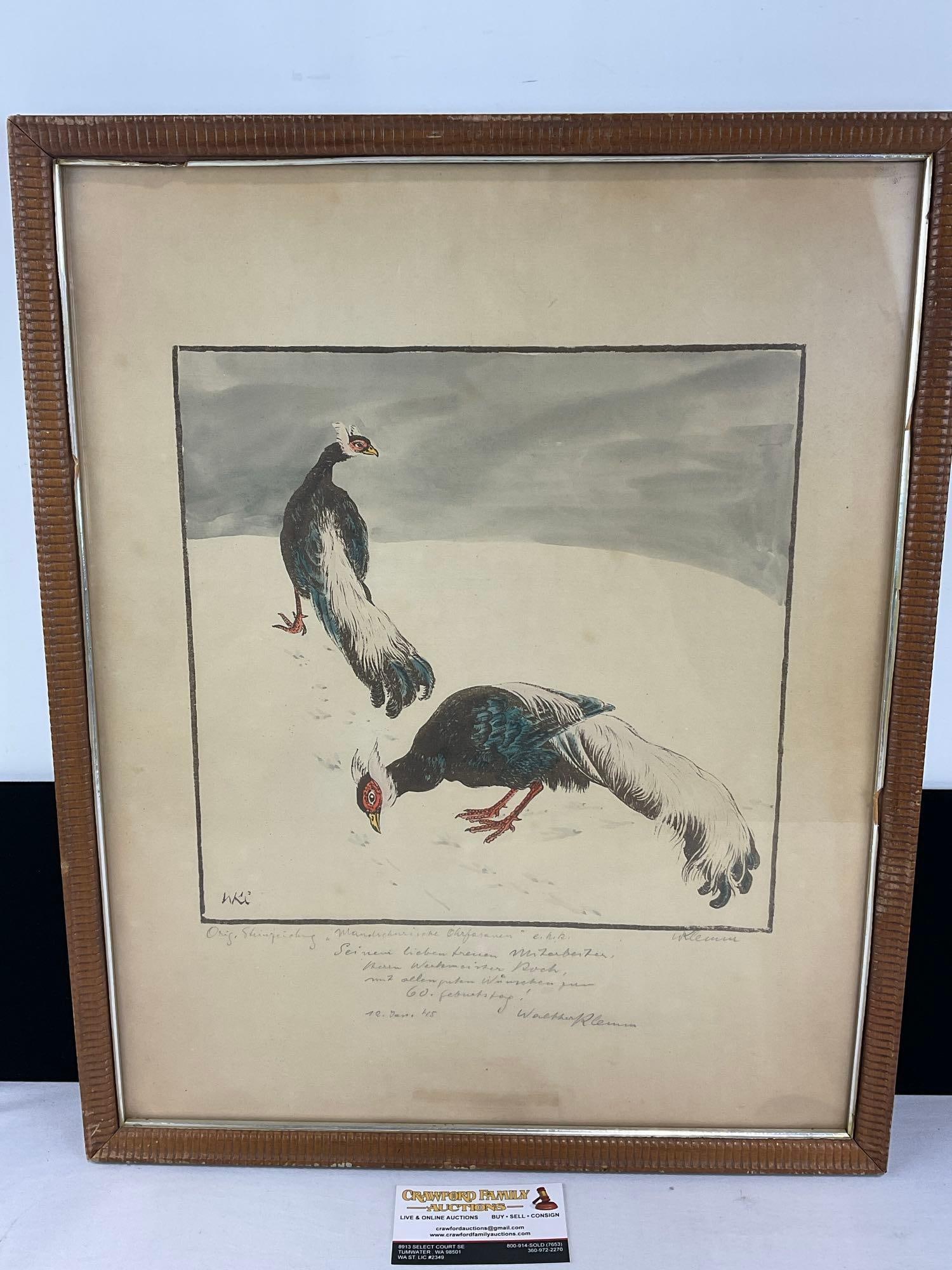 Framed Signed orginal of Manchurian Eared Pheasants by Walther Klemm (18831957), 22x18 inches: About the artist Walther Klemm (June 18, 1883 August 11, 1957) was a prominent German printmaker, painter, and illustrator widely recognized for his mastery of the woodcut medium. Born in Karlsbad, he