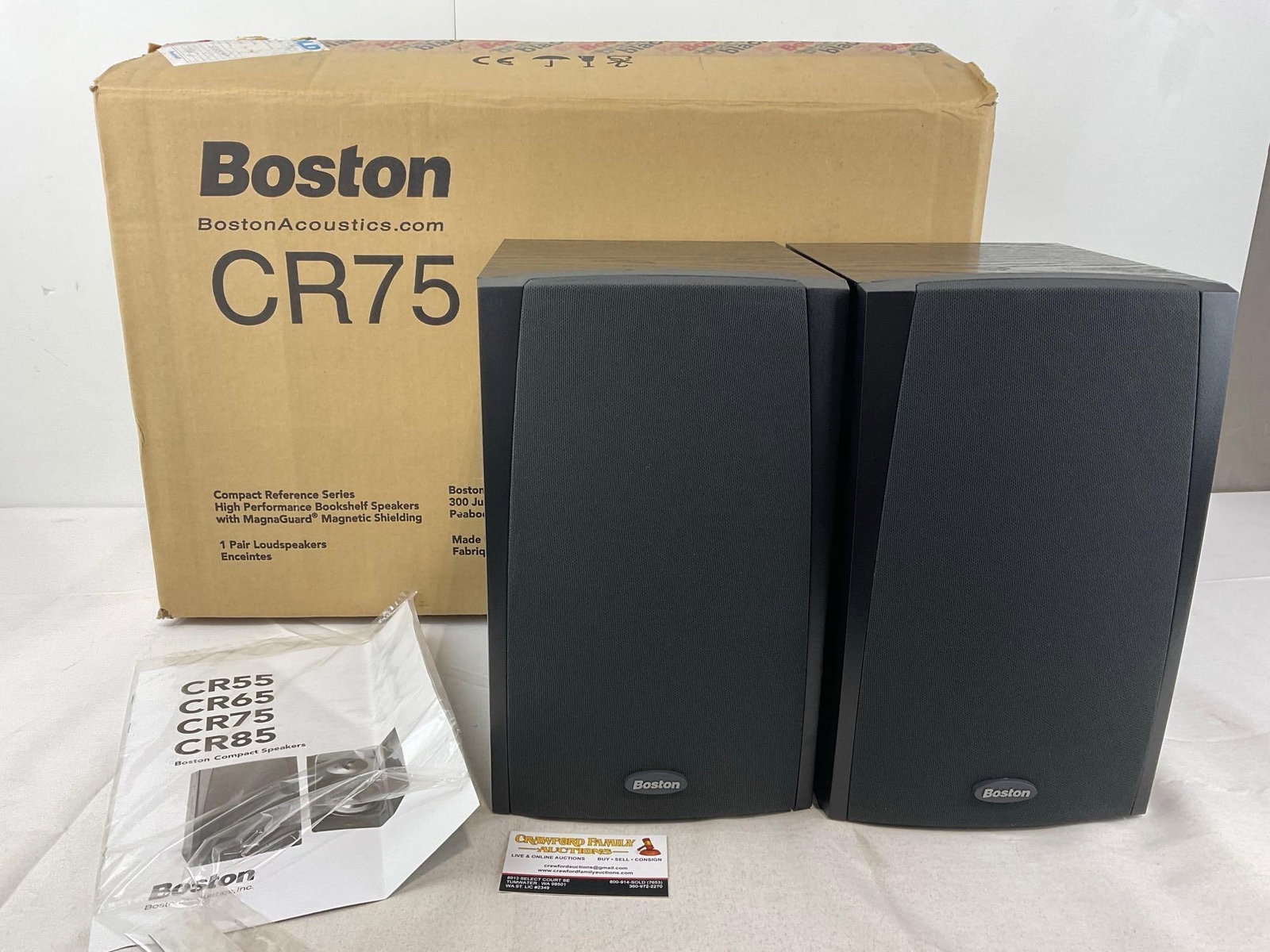 Boston Acoustics CR75 Pair of Loudspeakers, in original box, LNIB, 17x26x12 inches: Same as the next lot. See pics for condition. Measures approx 17h x 26w x 12d inches. E-6710 *Oversized shipping may apply*