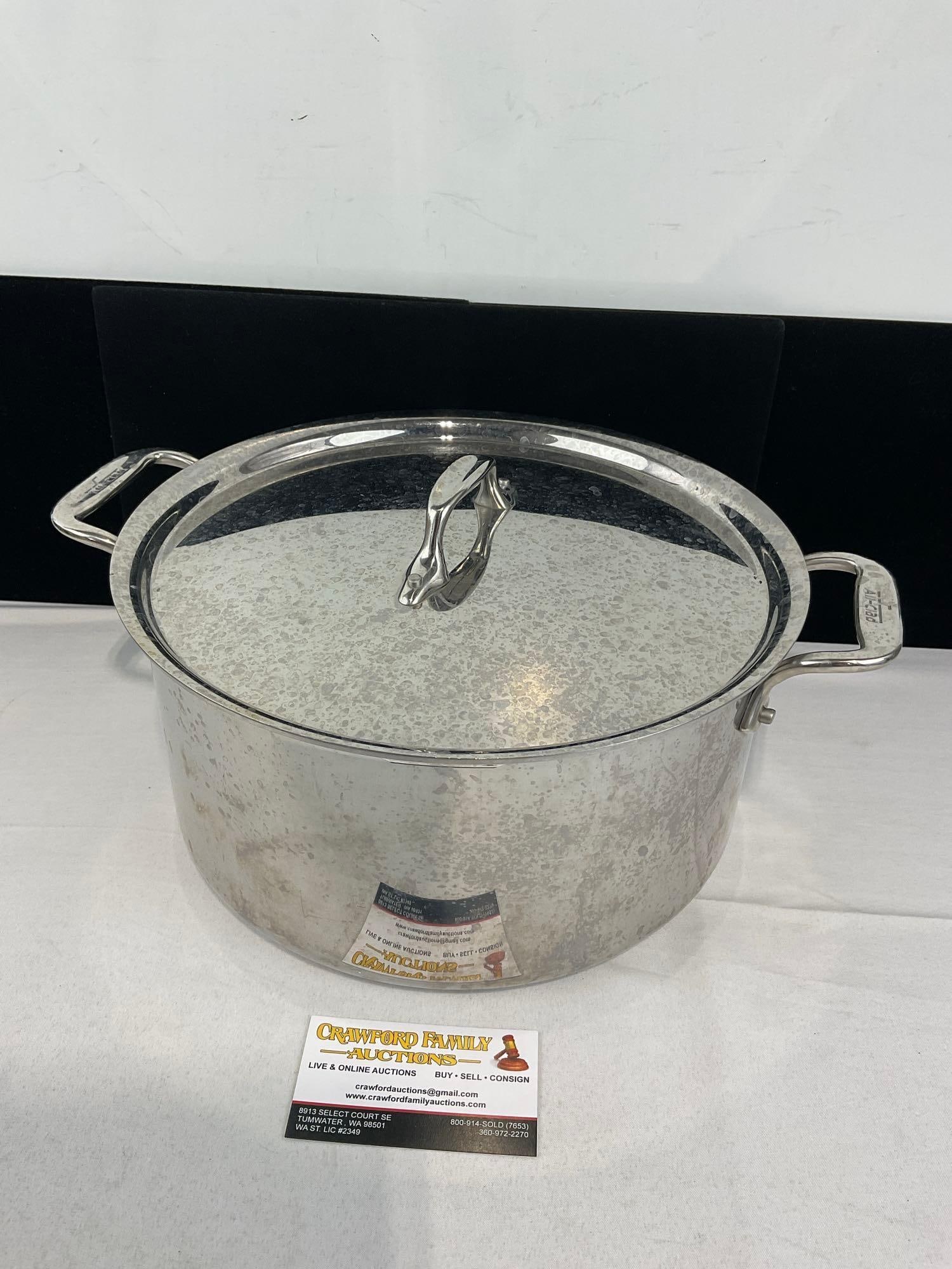 All-Clad 8 Quart Stainless Steel Pot w/Lid & Handles: See pics for condition. Measures approx 8h x 15w x 12d inches. E-6290