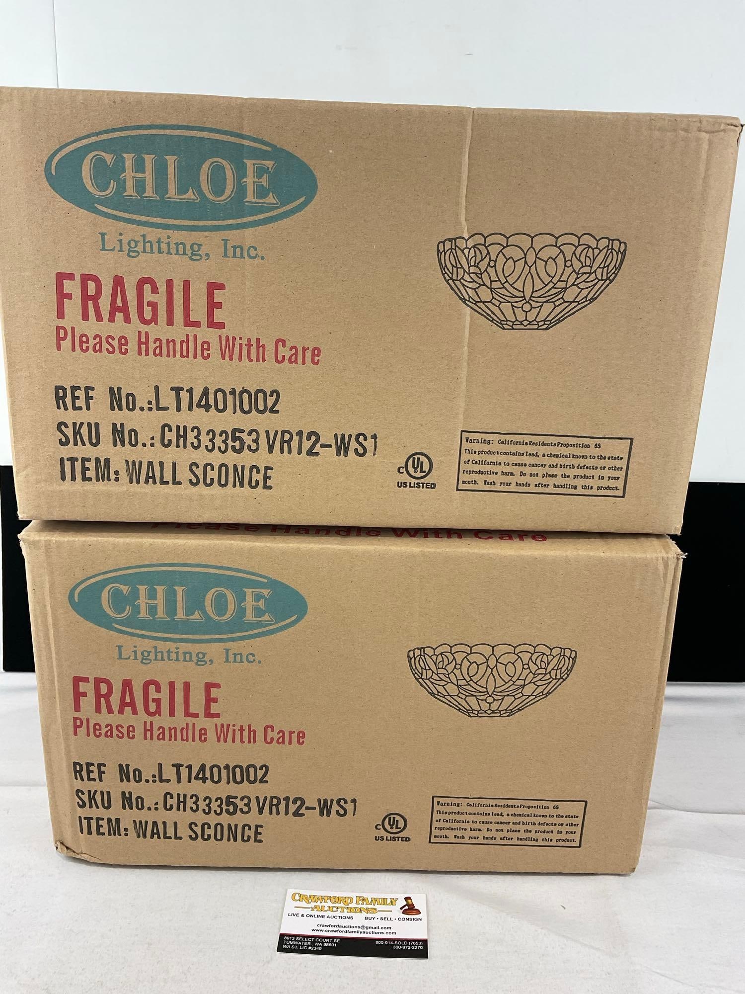 Set of 2 Chloe Lighting Inc Stained Glass Wall Sconces, Multicolor & Slag Glass, in box: See pics for condition. Measures approx 12h x 20w x 17d inches. E-6710