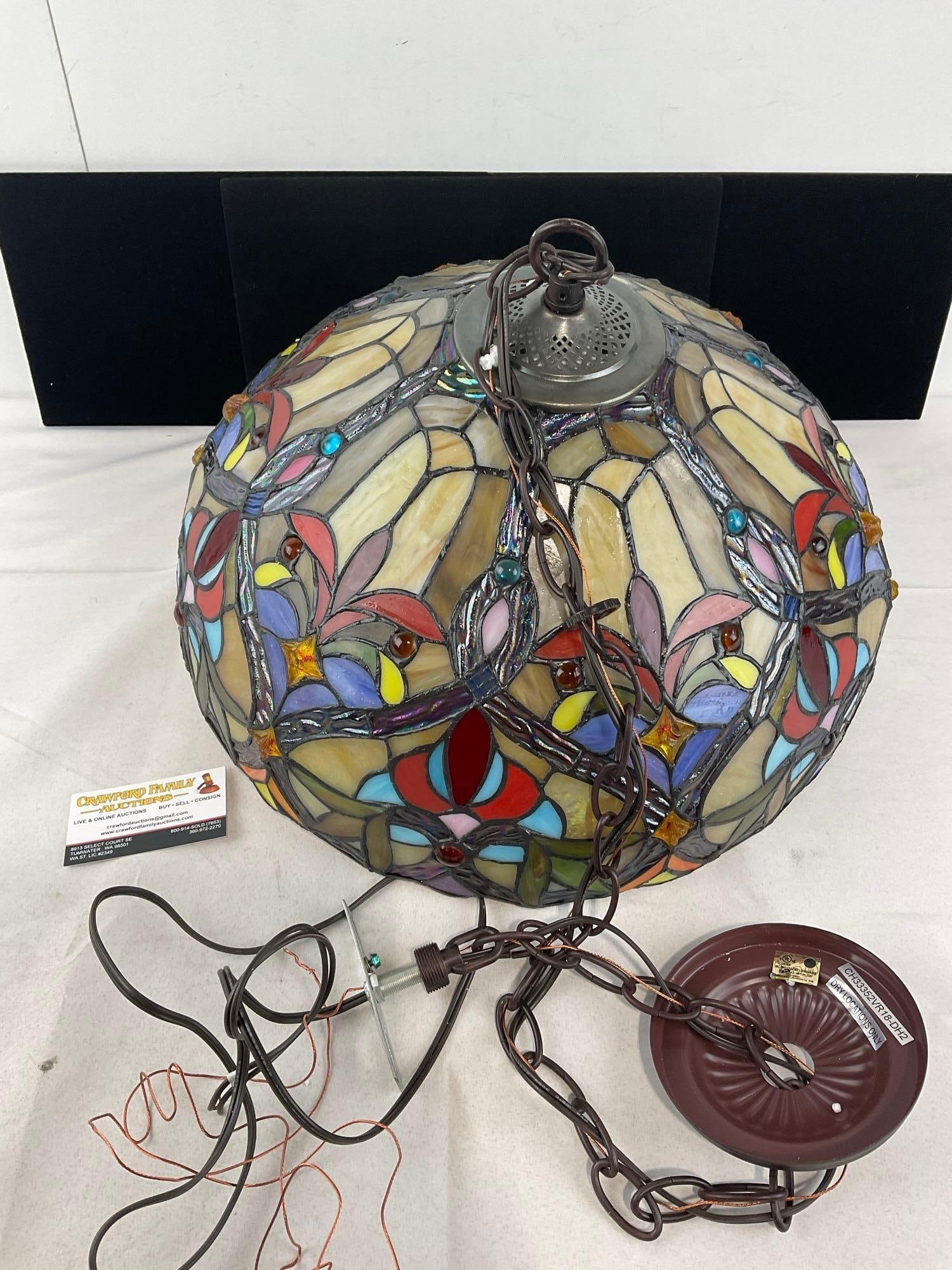 Chloe Lighting Inc Stained Glass Ceiling Hanging Swag Lamp, Multicolor & Slag Glass, in box: See pics for condition. Measures approx 14h x 23w x 22d inches. E-6710 *Oversized shipping may apply*