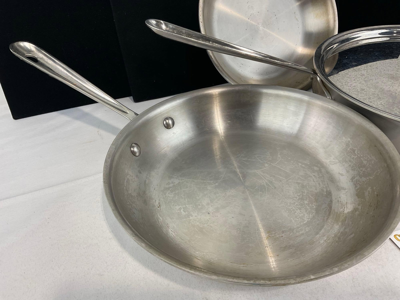 All-Clad Stainless 8 & 10 inch Skillets & 3 Quart Pan w/lid - 2