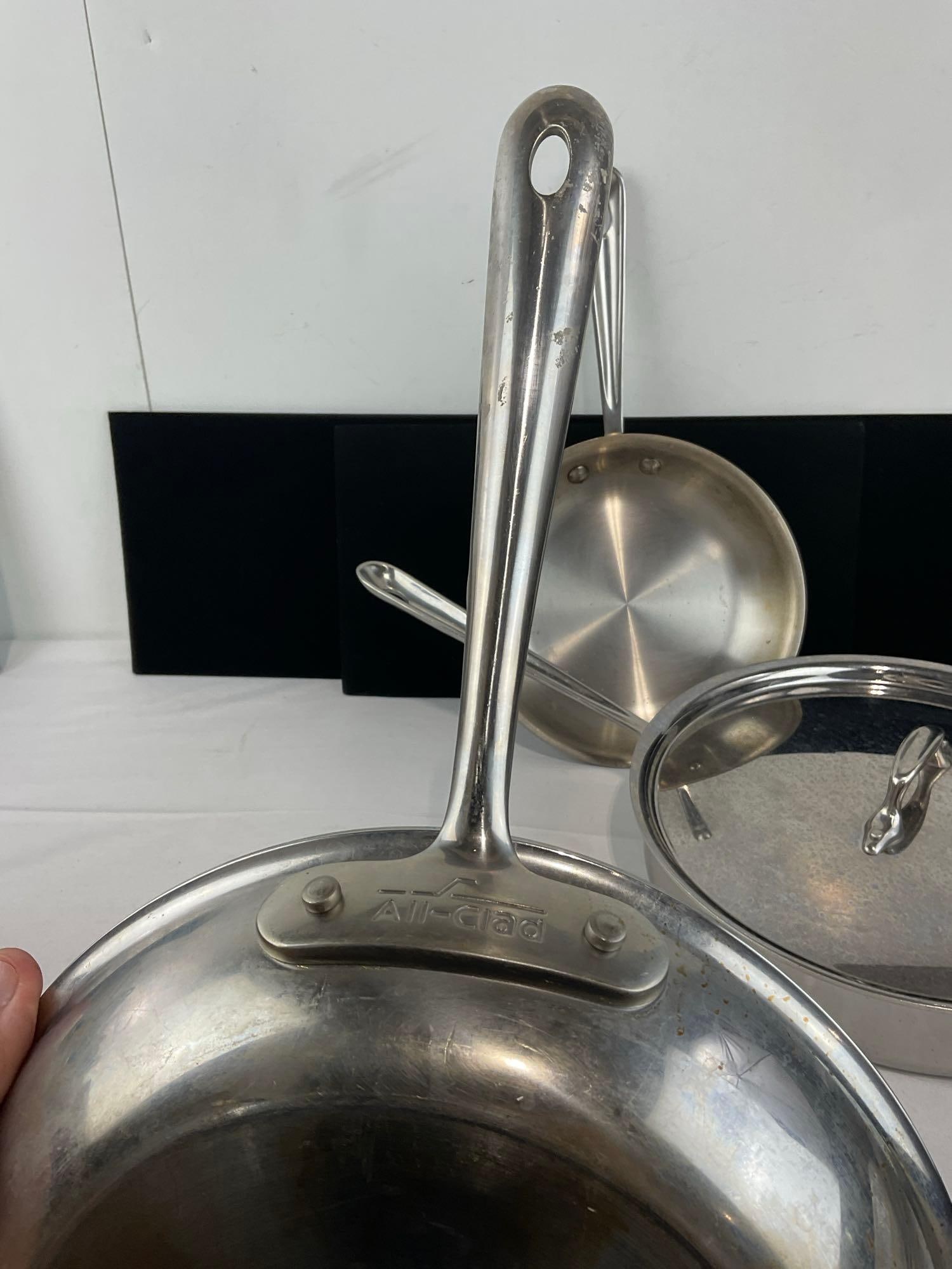 All-Clad Stainless 8 & 10 inch Skillets & 3 Quart Pan w/lid - 3