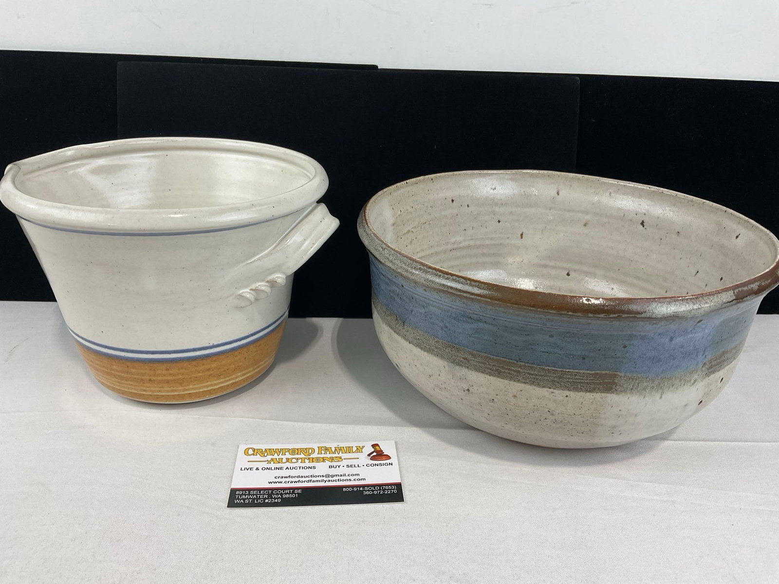 Pair of Vintage Coiled Stoneware Pottery Bowls, 1x Norcutt & 1 w/spout and handle: See pics for condition. Measures approx 7h x 11w x 11d inches. E-6290