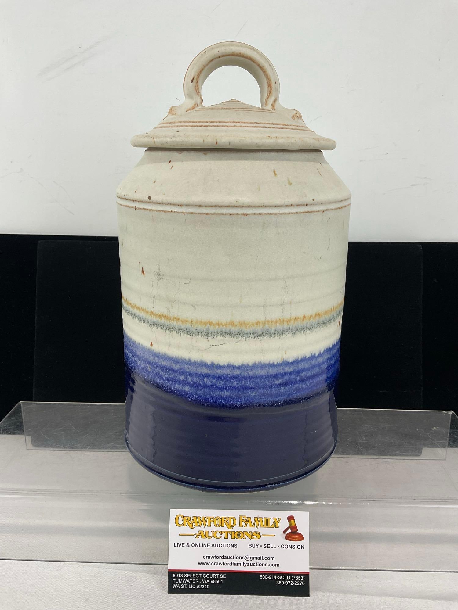 Vintage Coiled Stoneware Lidded Container, Cobalt Blue Glazed Lower Portion, 13x7x7 inches: 2 Matching makers marks on the lower edge of the piece, in the blue section. See pics for condition. Measures approx 13h x 7w x 7d inches. E-6290