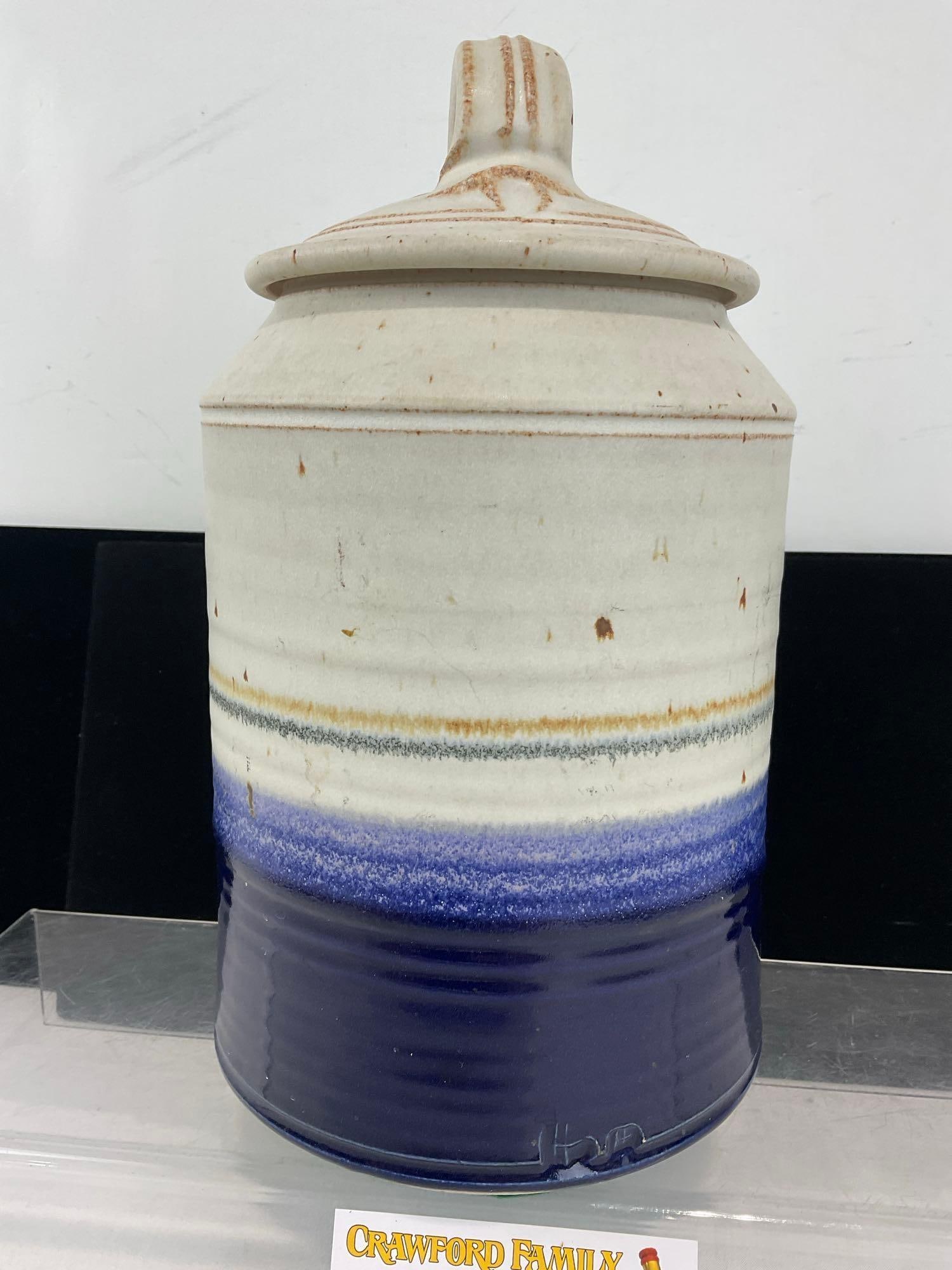 Vintage Coiled Stoneware Lidded Container, Cobalt Blue Glazed Lower Portion, 13x7x7 inches - 2