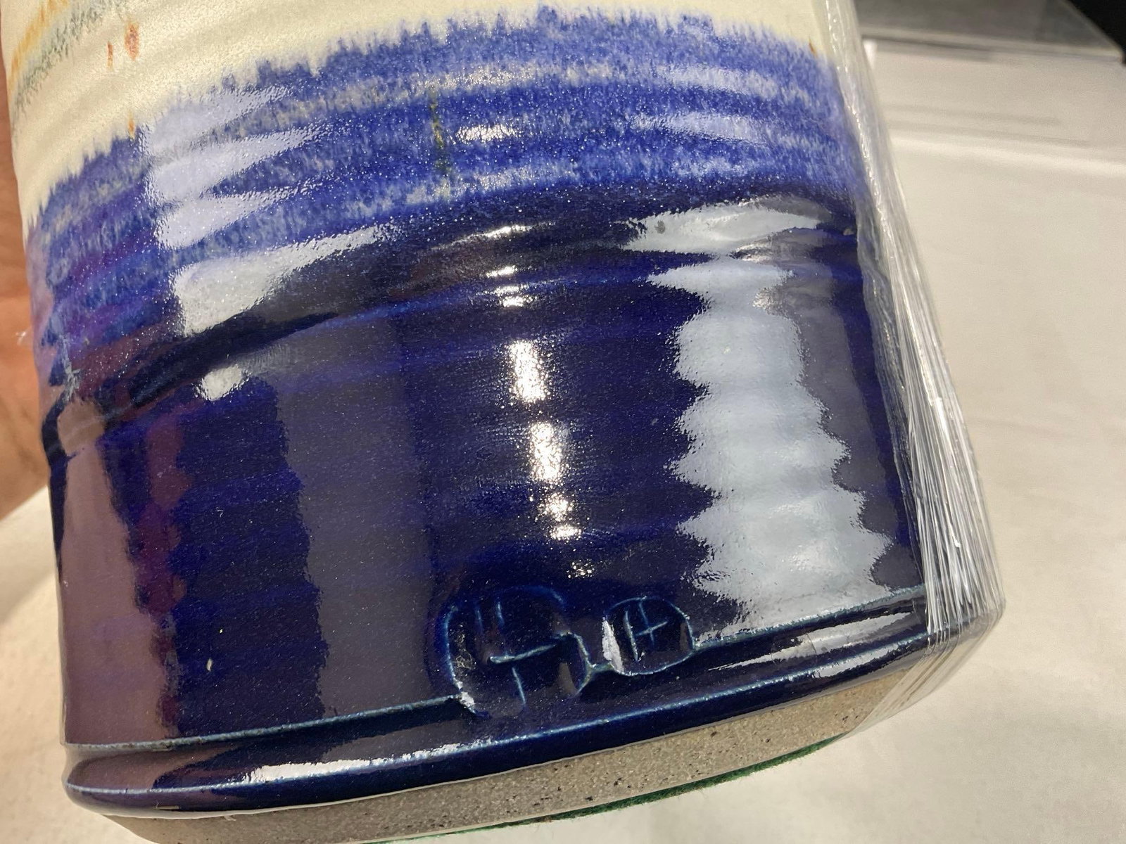 Vintage Coiled Stoneware Lidded Container, Cobalt Blue Glazed Lower Portion, 13x7x7 inches - 5