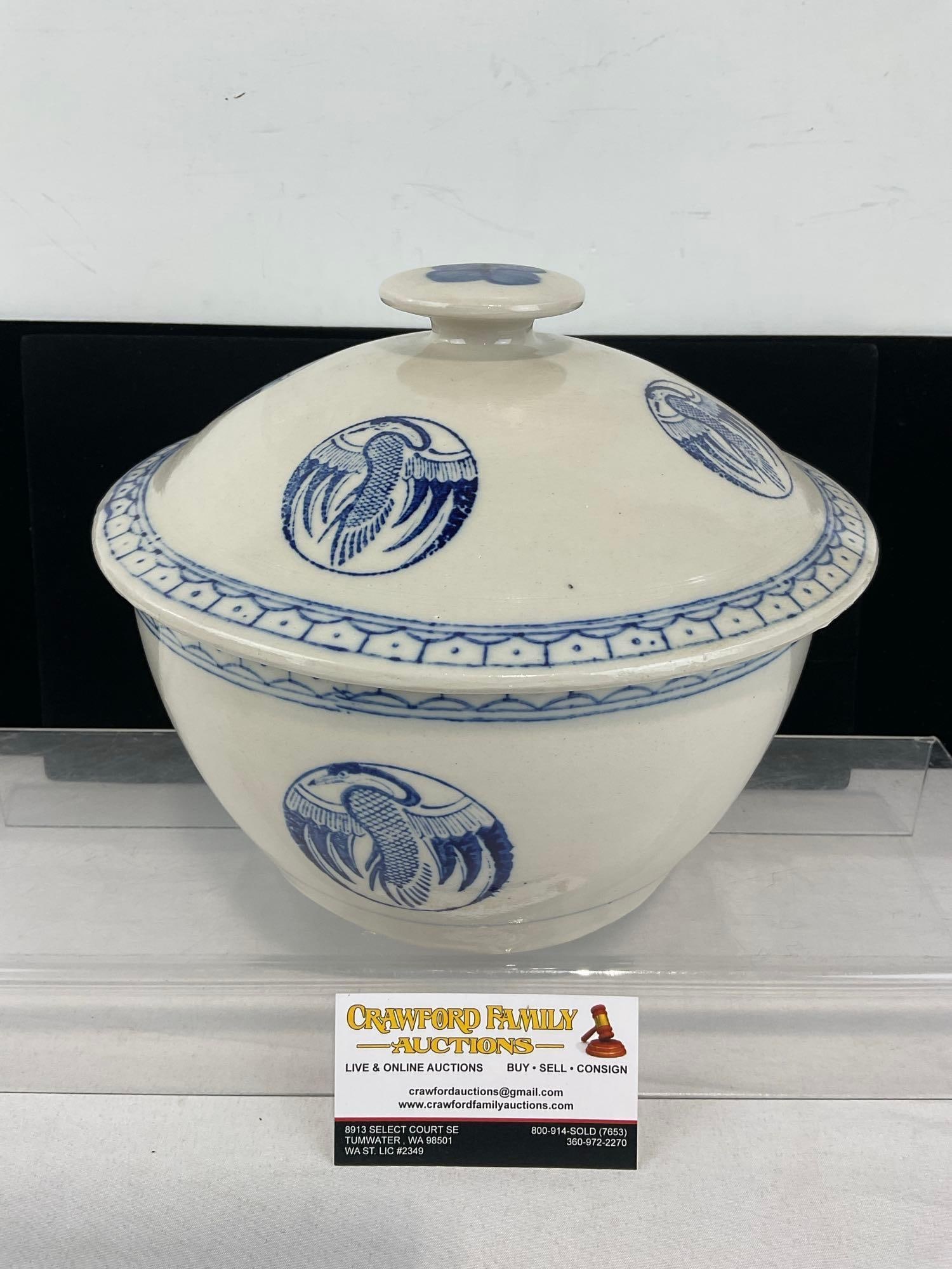 Lidded Rice Bowl, Blue/White Porcelain, Made in Peoples Republic of China, 9x10x10 inches: See pics for condition. Measures approx 9h x 10w x 10d inches. E-6290