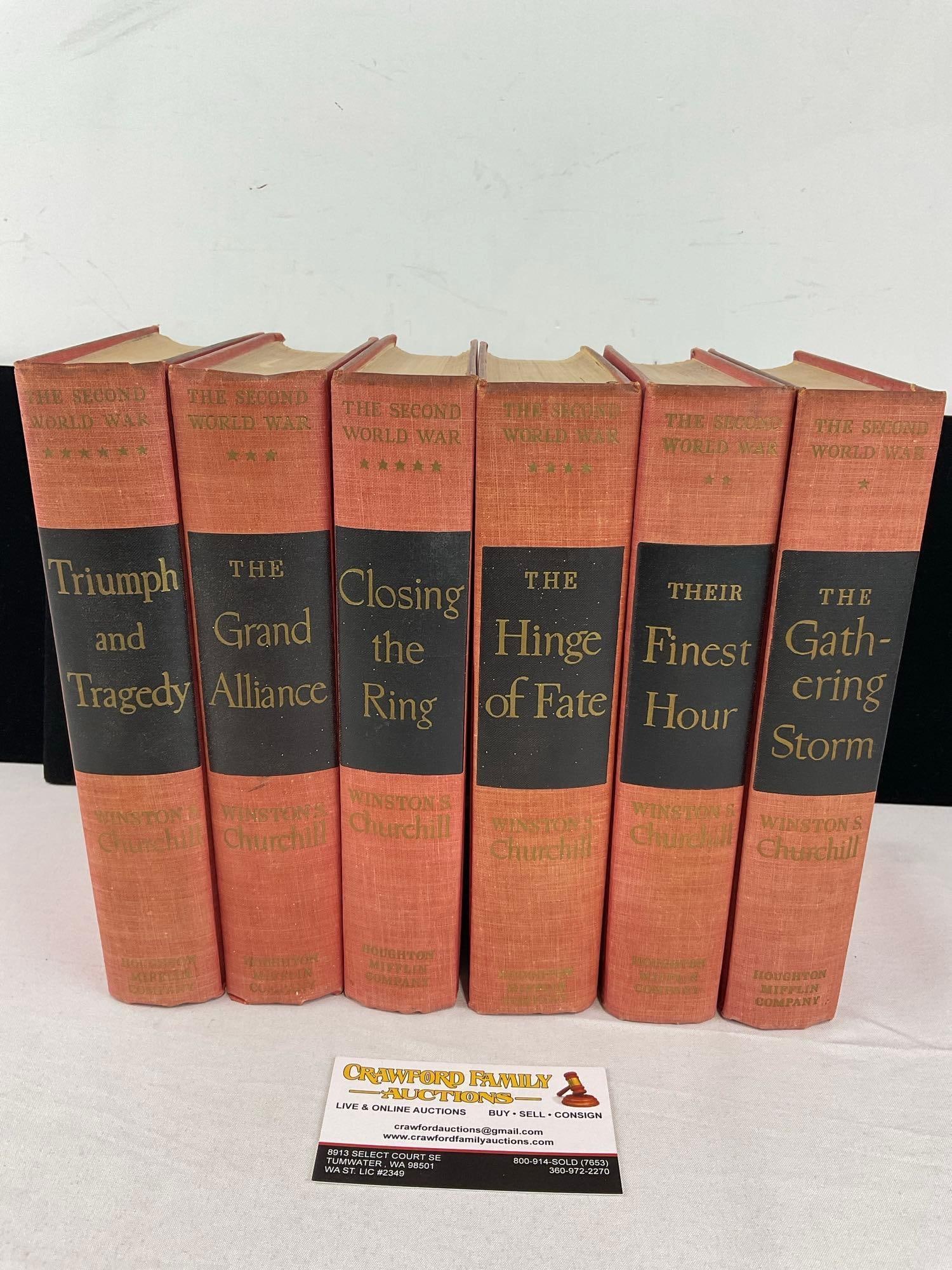 Set of 6 Novels by Winston Churchill, Second World War series, incl. Their Finest Hour, &...: Triumph and Tragedy, The Grand Alliance, Closing the Ring, The Hinge of Fate, & The Gathering Storm. See pics for condition. Measures approx 11h x 7w x 10d inches. E-6290