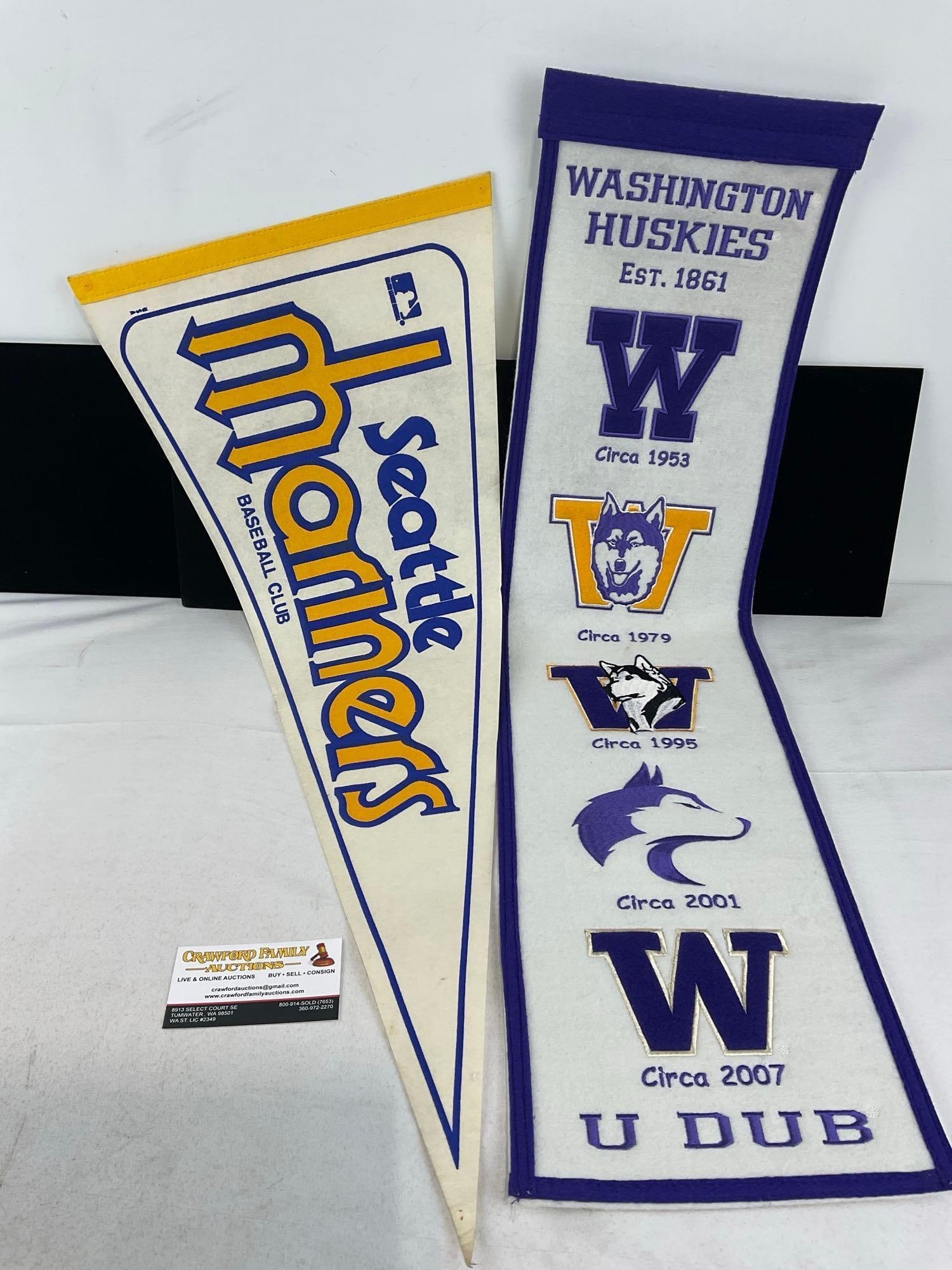 Seattle Mariners Wool Pennant & Washington Huskies UW Football Team Banner, 32x12 unfolded: These sports lots are from a single consignor sports collection, including memorabilia hand sign in person at training camps & events by the consignor & and his father. Please see description