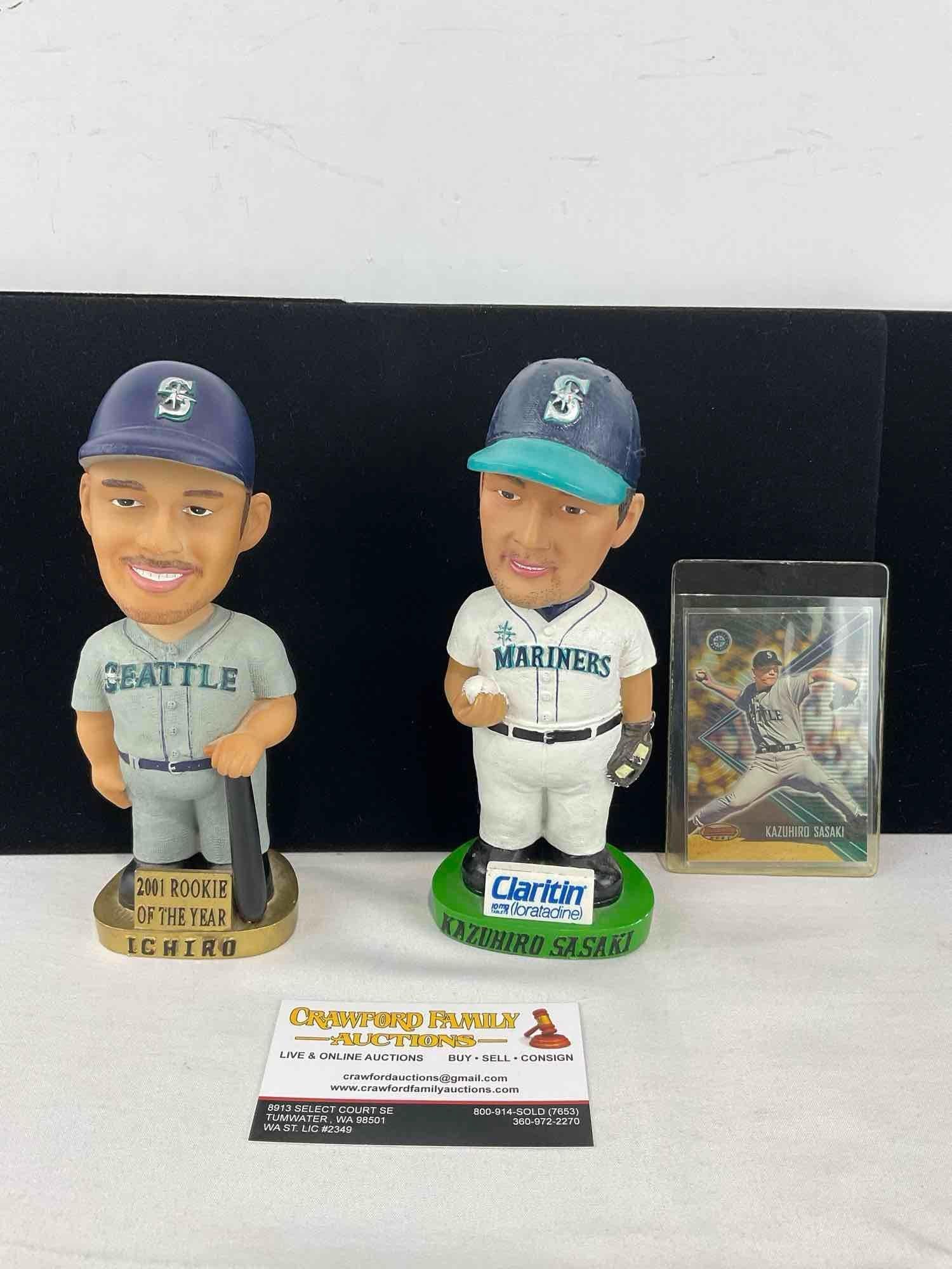 Pair of 2001 Seattle Mariners Bobbleheads, Ichiro Suzuki & Kazuhiro Sasaki w/Card Bowmans Best: These sports lots are from a single consignor sports collection, including memorabilia hand sign in person at training camps & events by the consignor & and his father. Please see description
