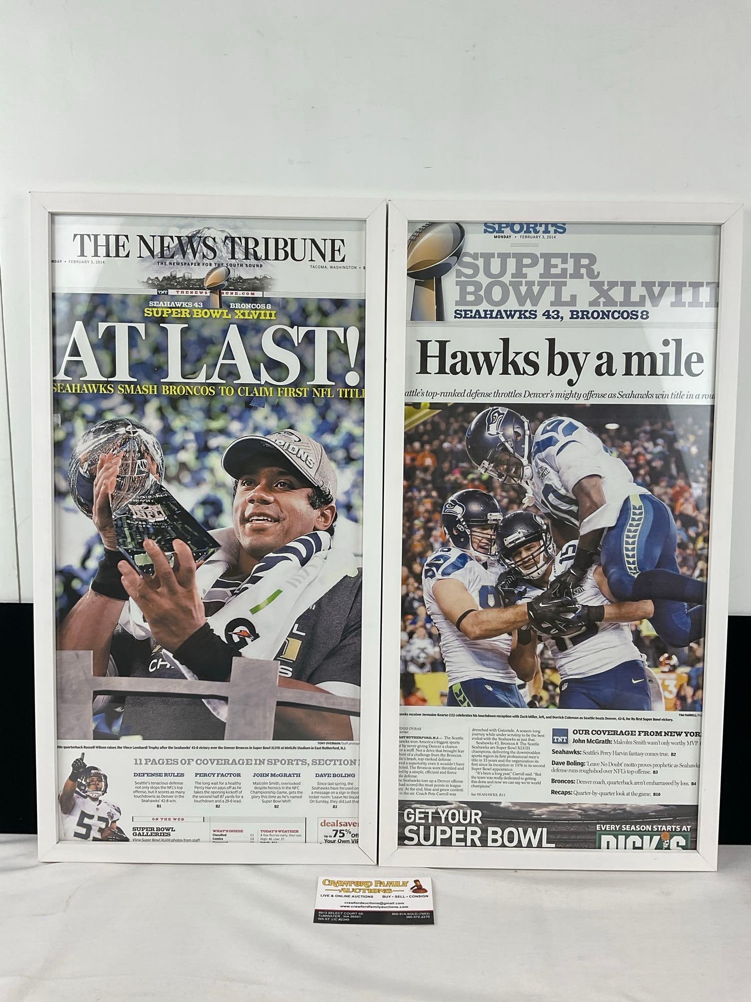 Pair of Framed PNW Newspapers of Seahawks Super Bowl Win, XLVIII, 22x12x3 inches: These sports lots are from a single consignor sports collection, including memorabilia hand sign in person at training camps & events by the consignor & and his father. Please see description