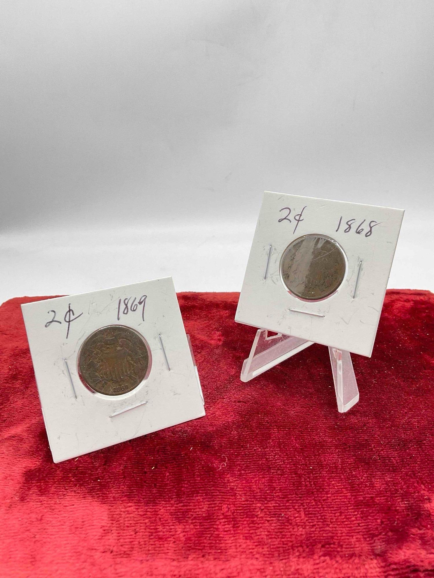2 pcs Antique 2 Cent Coins, Years 1868 & 1869. (1 of 6)