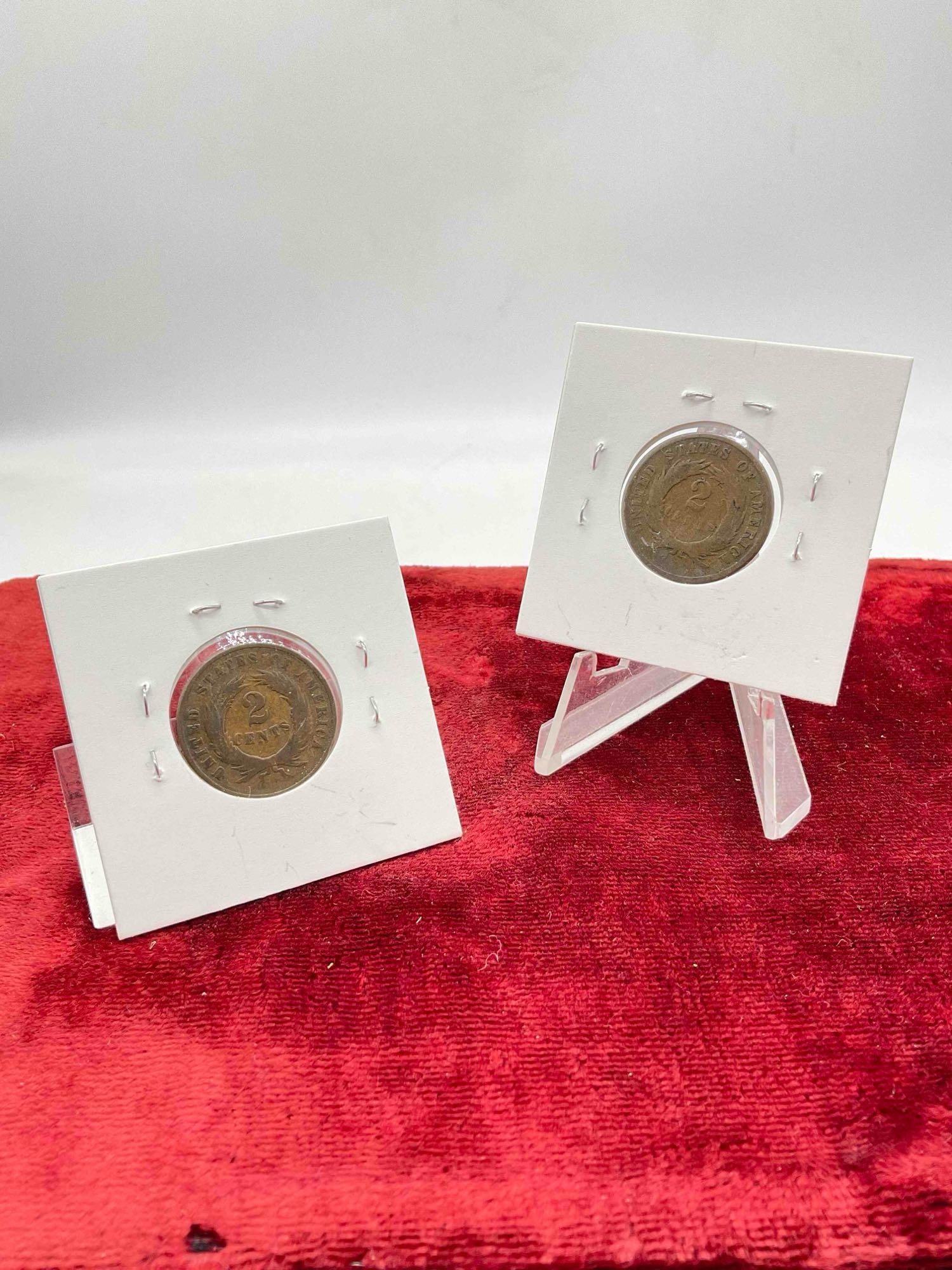 2 pcs Antique 2 Cent Coins, Years 1868 & 1869. - 2