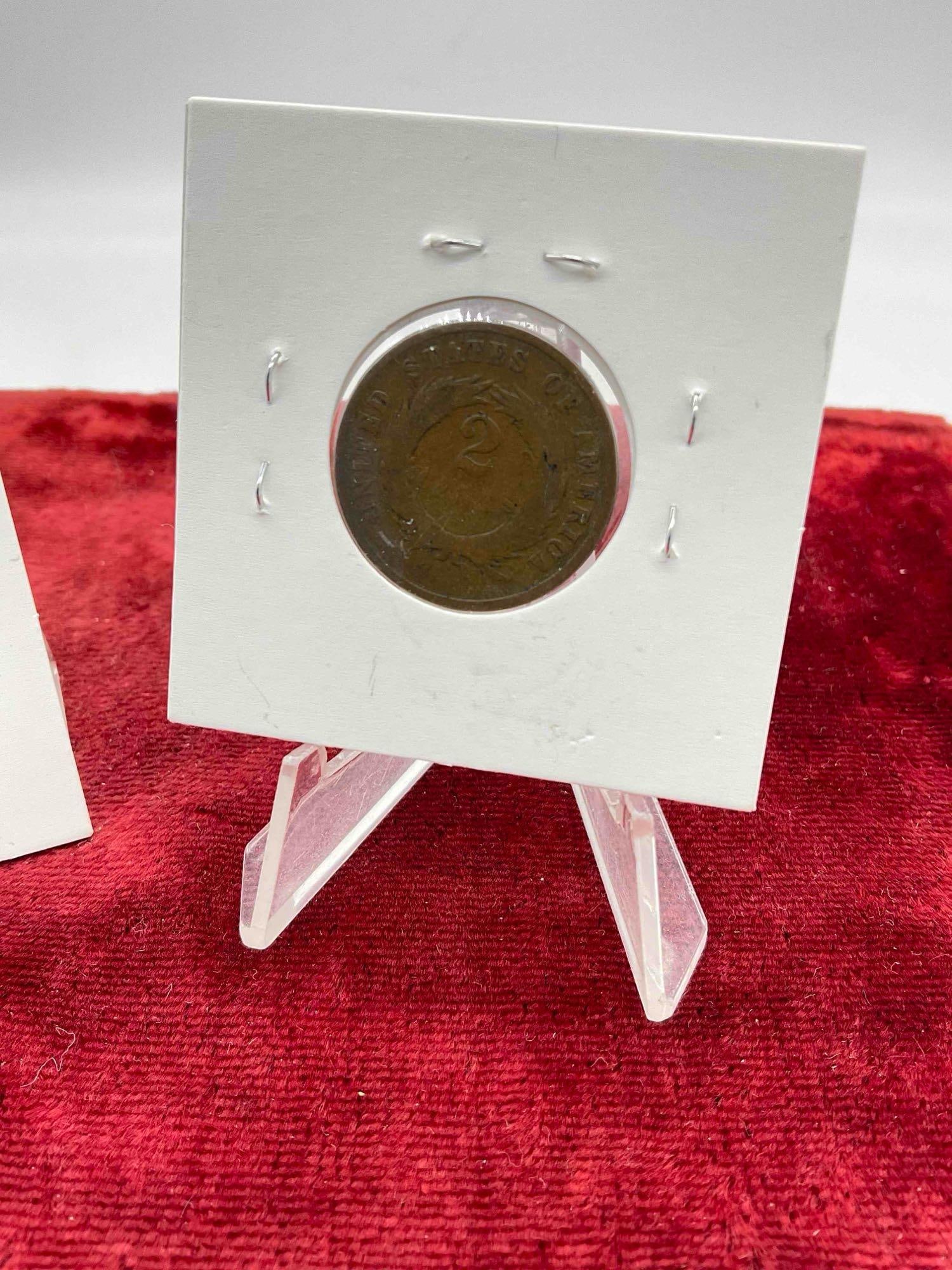 2 pcs Antique 2 Cent Coins, Years 1868 & 1869. - 4