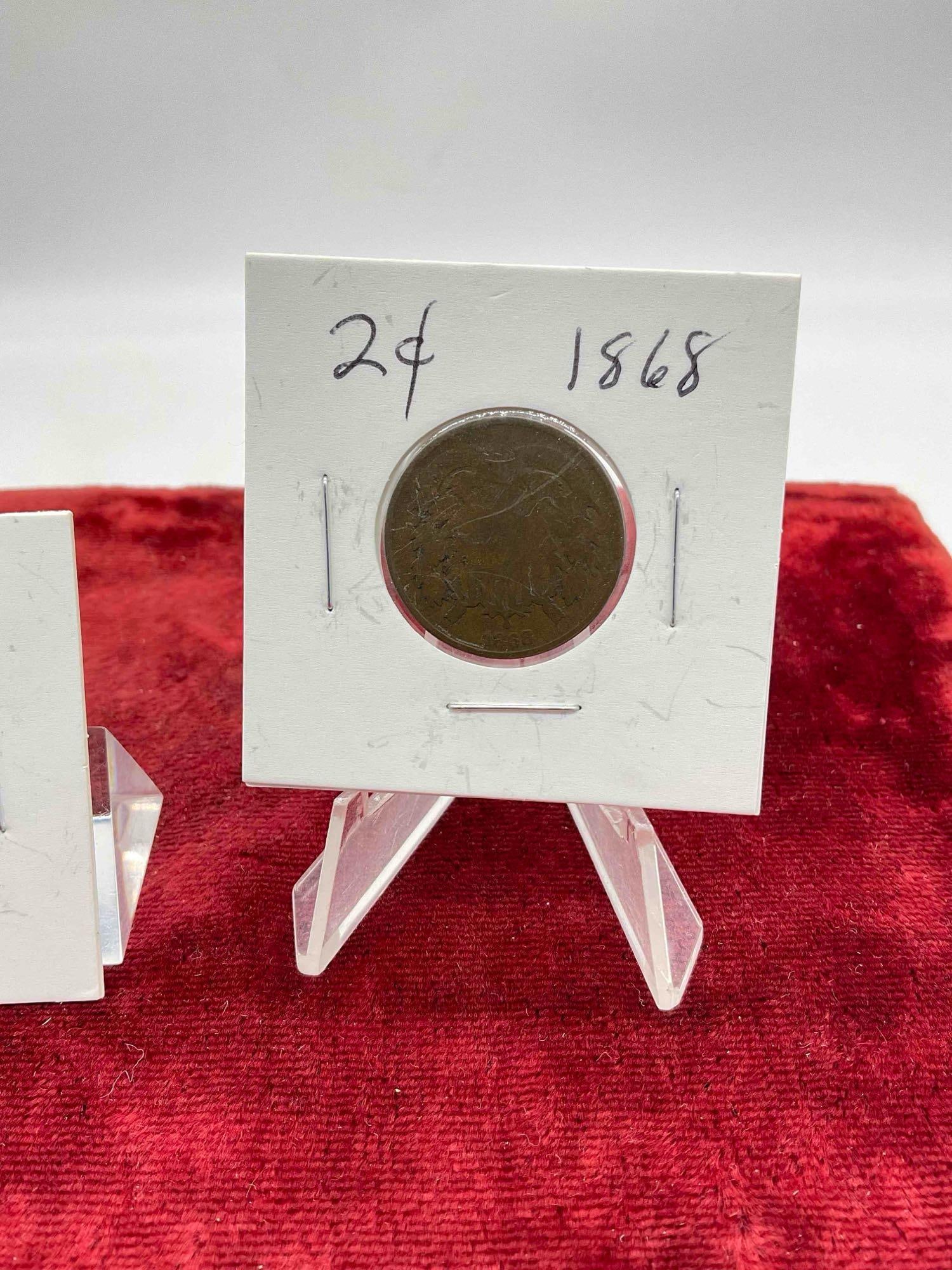 2 pcs Antique 2 Cent Coins, Years 1868 & 1869. - 5