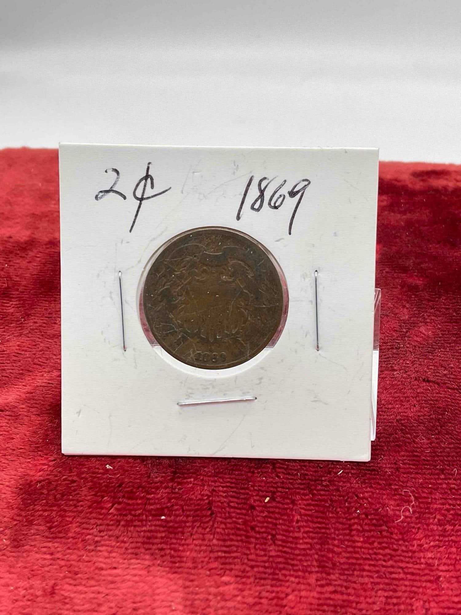 2 pcs Antique 2 Cent Coins, Years 1868 & 1869. - 6