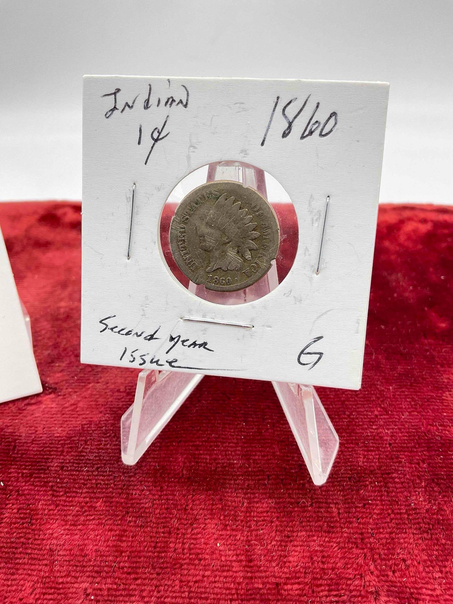 2 pcs Antique Indian One Cent Coins, First & Second Year Issues, 1859 & 1860. - 2