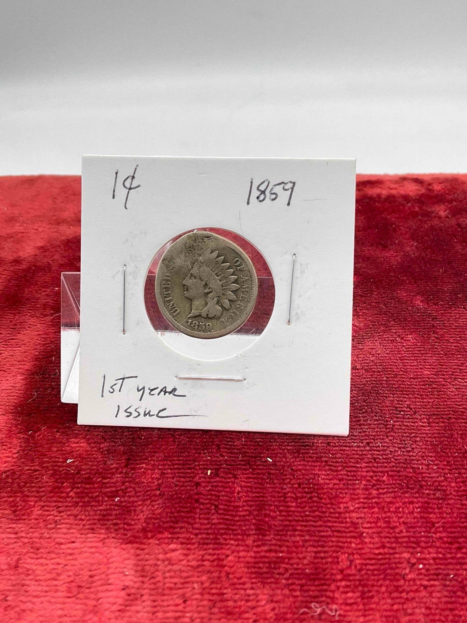 2 pcs Antique Indian One Cent Coins, First & Second Year Issues, 1859 & 1860. - 3