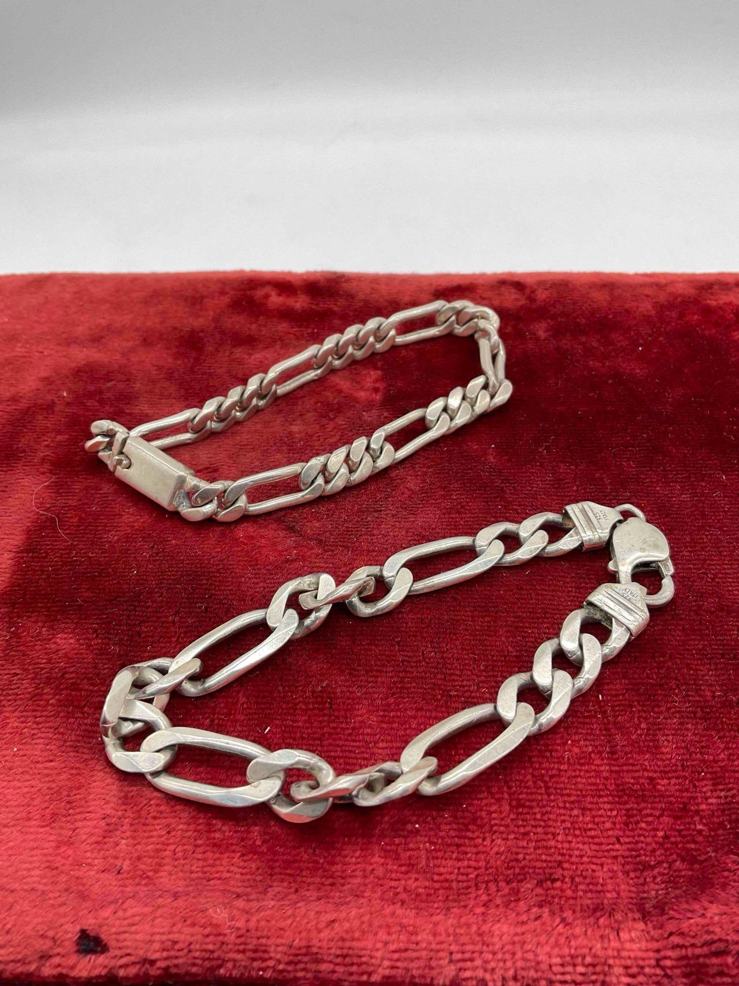 2 pcs Men's Sterling Silver Chain Link Bracelets, Made in Italy & Mexico.: 2 pcs Men's Sterling Silver Chain Link Bracelets, Made in Italy & Mexico. measure 8" Weighs 53 grams. DM-1554