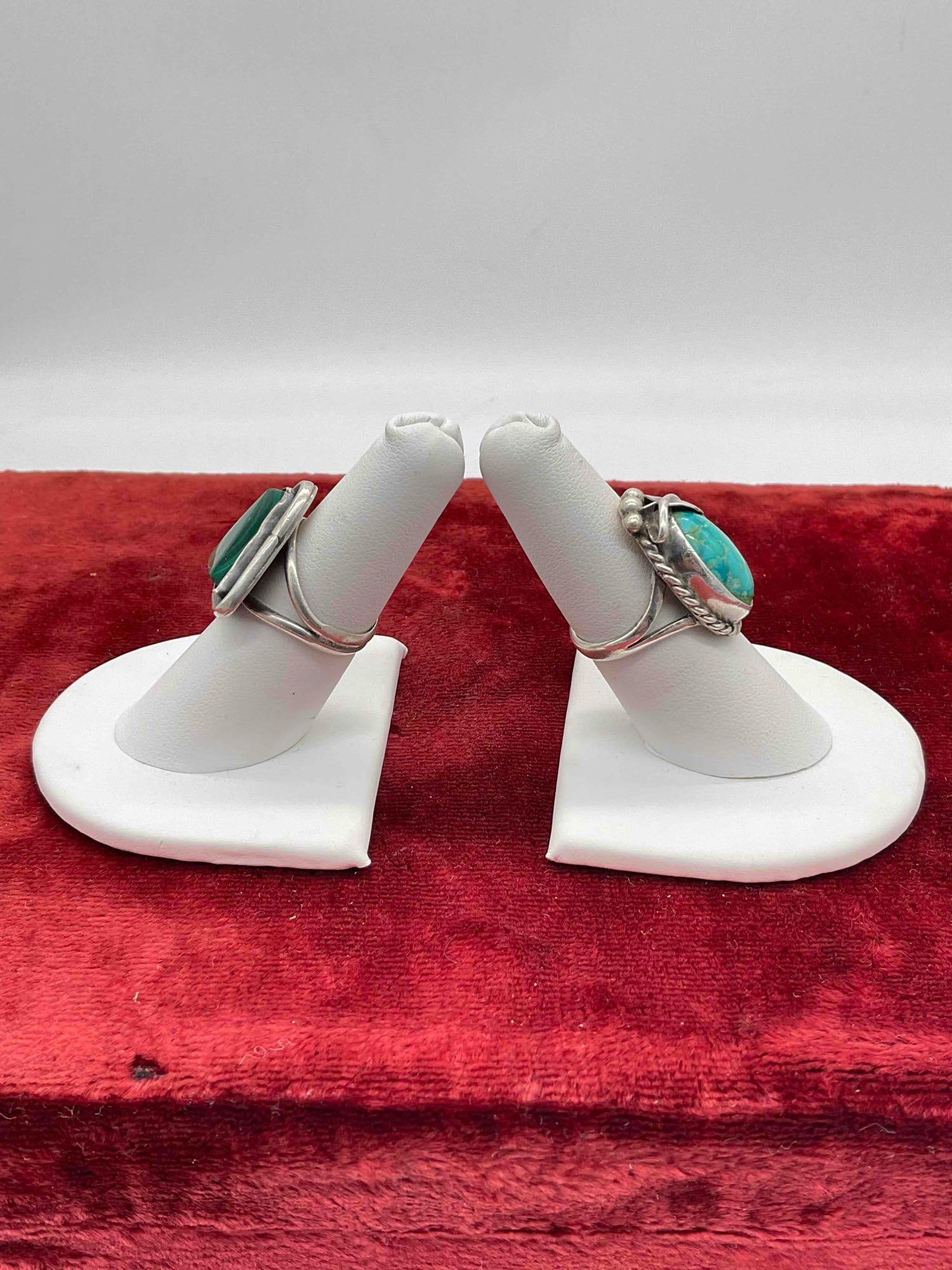 2 pcs Sterling Silver Southwestern Style Rings w/ Malachite & Turquoise Toned Stones. - 2