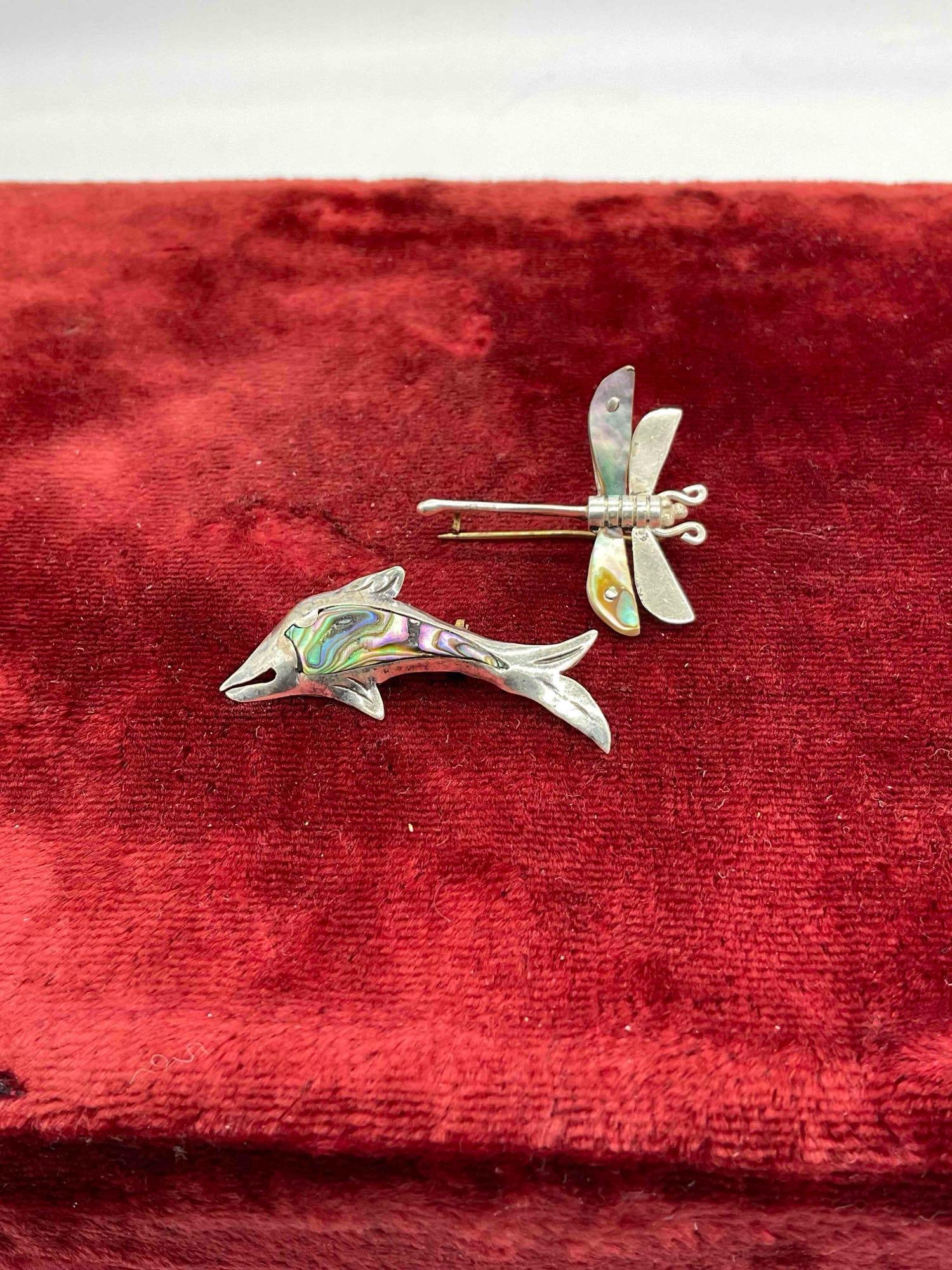 2 pcs Vintage Sterling Silver Pins w/ Abalone Shell Inlay, Taxco Fish & FC Dragonfly.: 2 pcs Vintage Sterling Silver Pins w/ Abalone Shell Inlay, Taxco Fish & FC Dragonfly. fish is stamped Taxco, made in Mexico. dragonfly is stamped FC. DM-1554