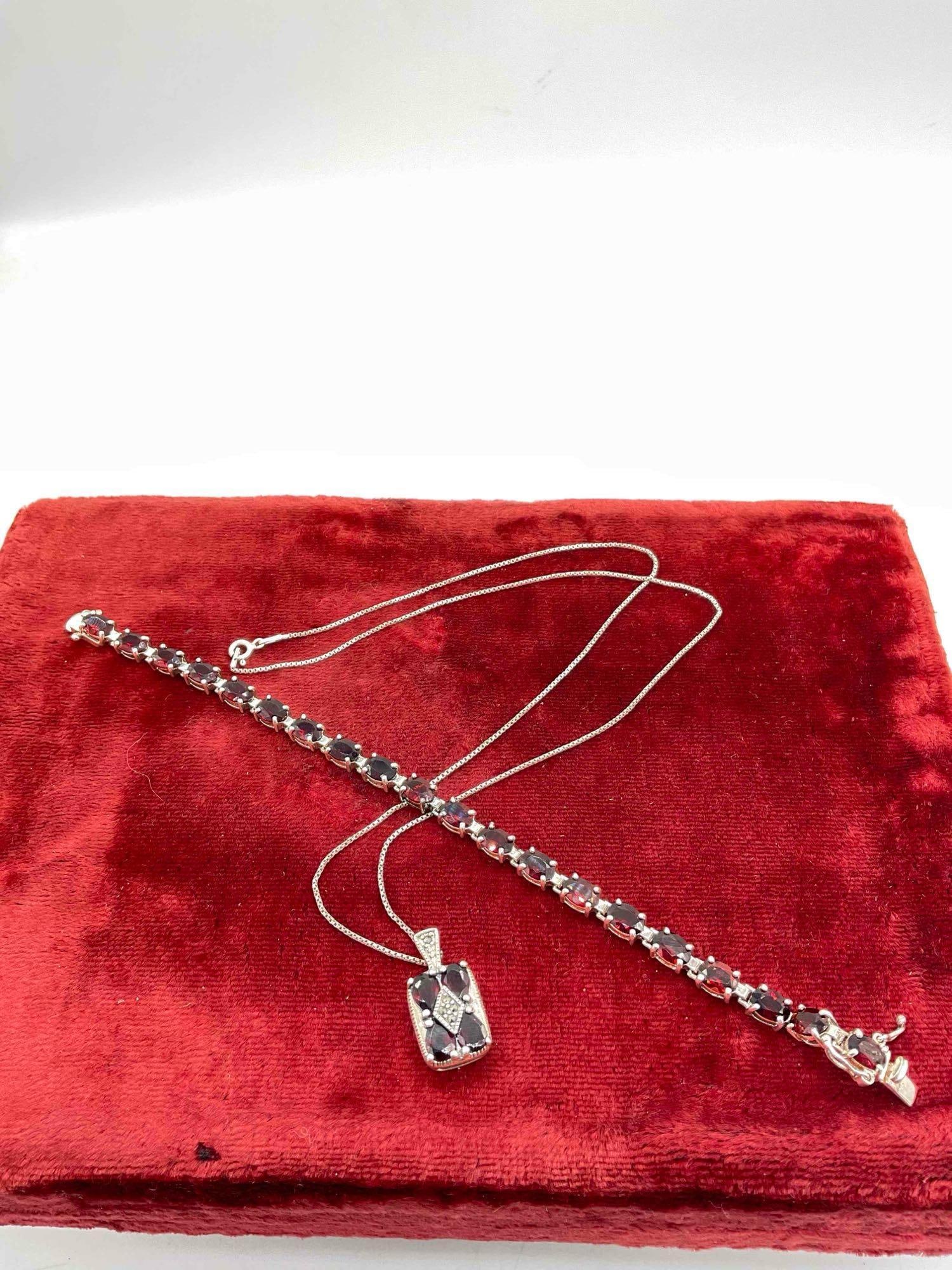 Sterling Silver Women's Bracelet & Necklace w/ Garnet Toned Stones. (1 of 7)