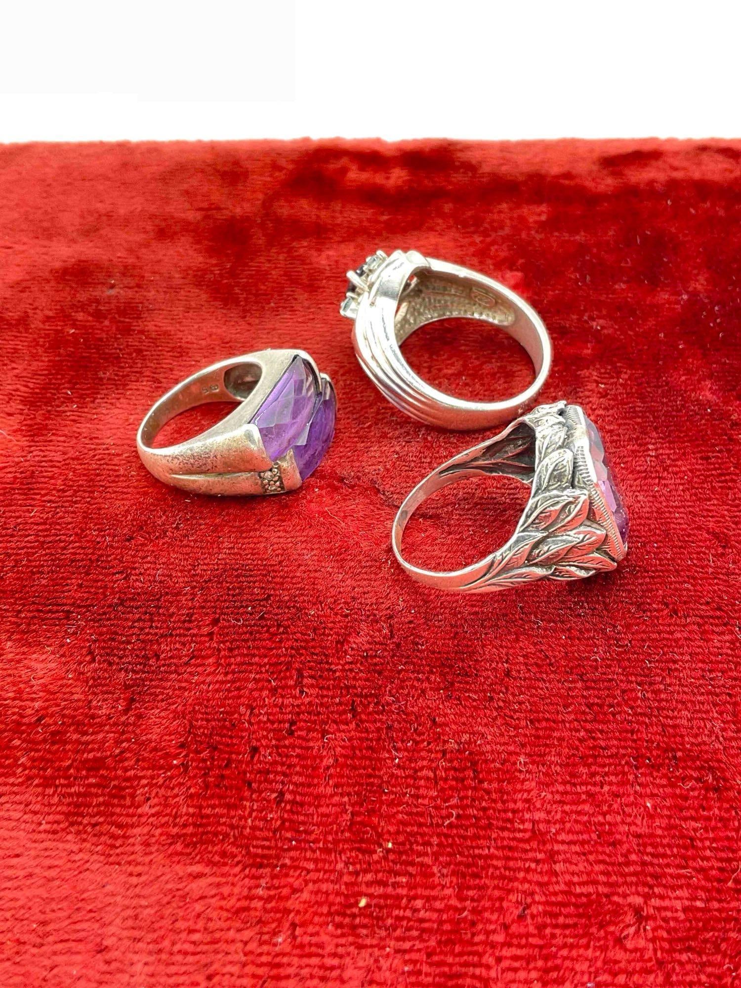 3 pcs Women's Fine Sterling Silver Rings w/ Amethyst/Garnet/Blue Topaz Toned Settings. - 3