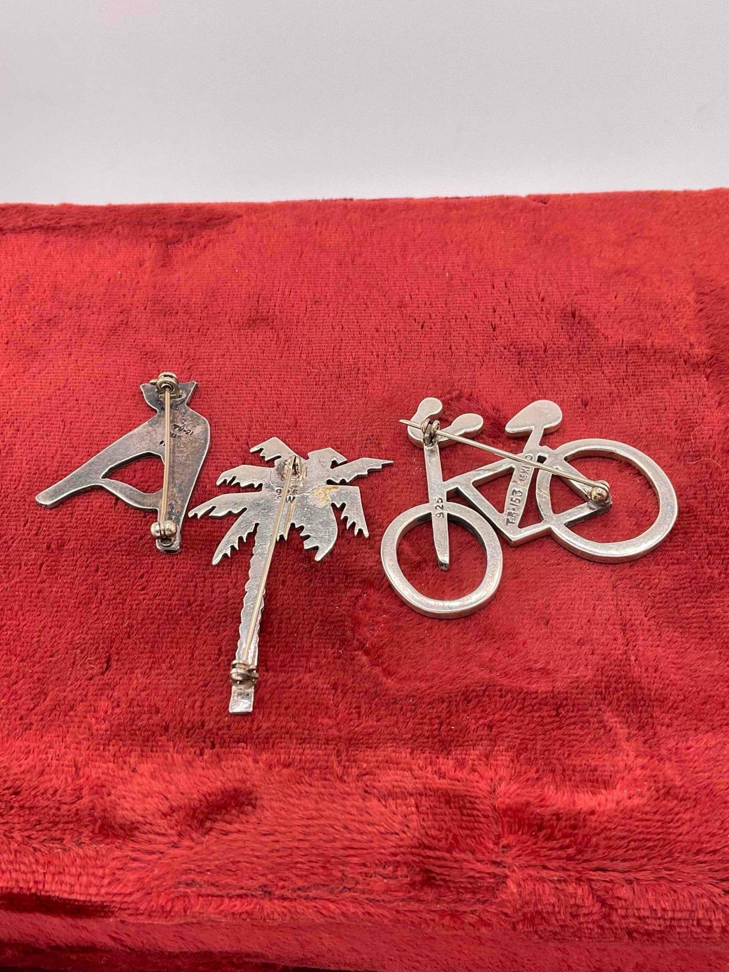 3 pcs Large Vintage Sterling Silver Pins, feat. Bicycle, Palm Tree & Cat. - 2