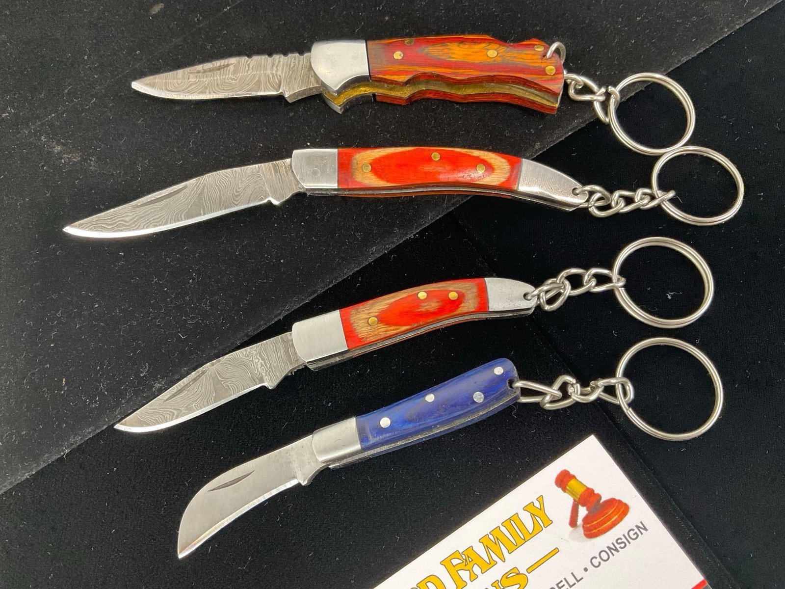 4 Keychain Folding Knives w/Tinted Wood Handles, Damascus 1 inch blades - 2
