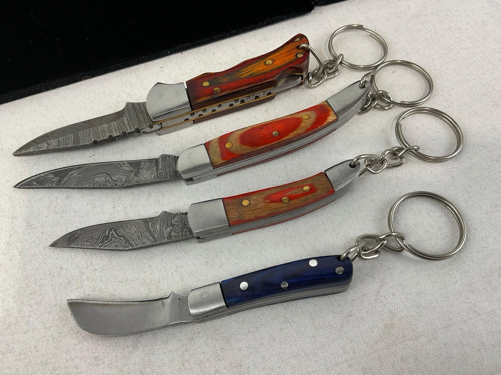 4 Keychain Folding Knives w/Tinted Wood Handles, Damascus 1 inch blades - 3