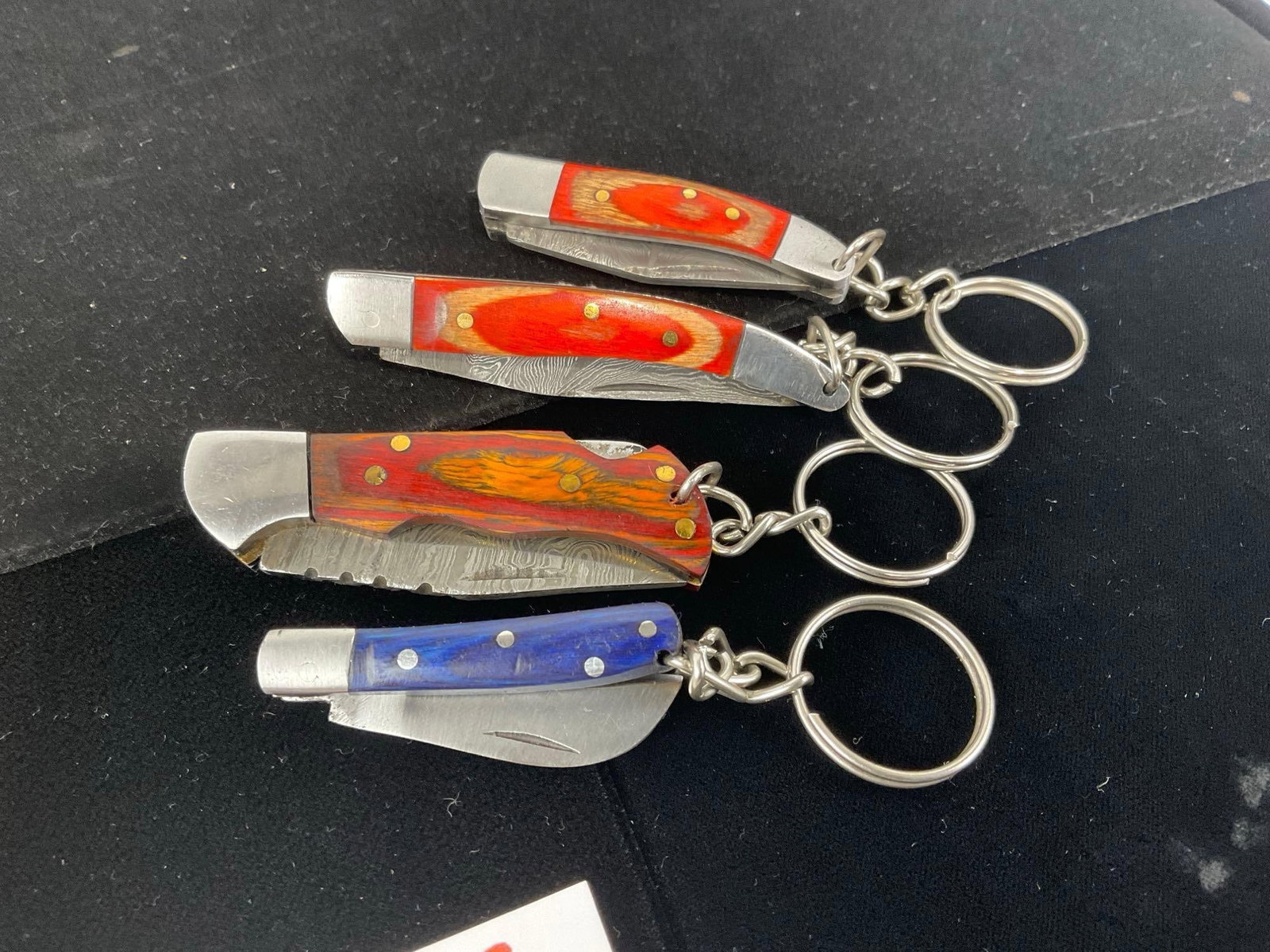 4 Keychain Folding Knives w/Tinted Wood Handles, Damascus 1 inch blades - 4