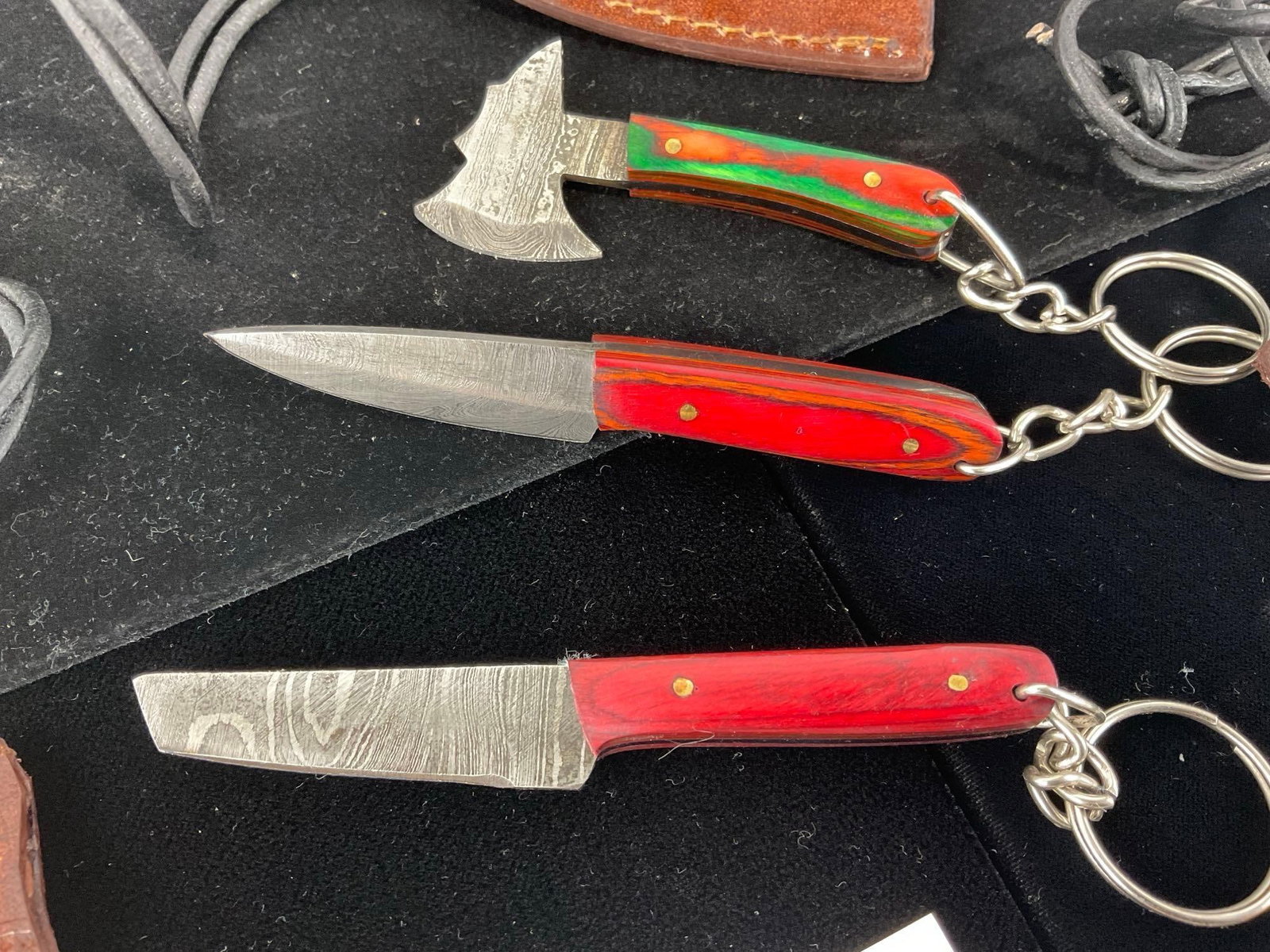 3 Keychain size Damascus Knives, w/Leather Sheaths, tinted wood handles - 2