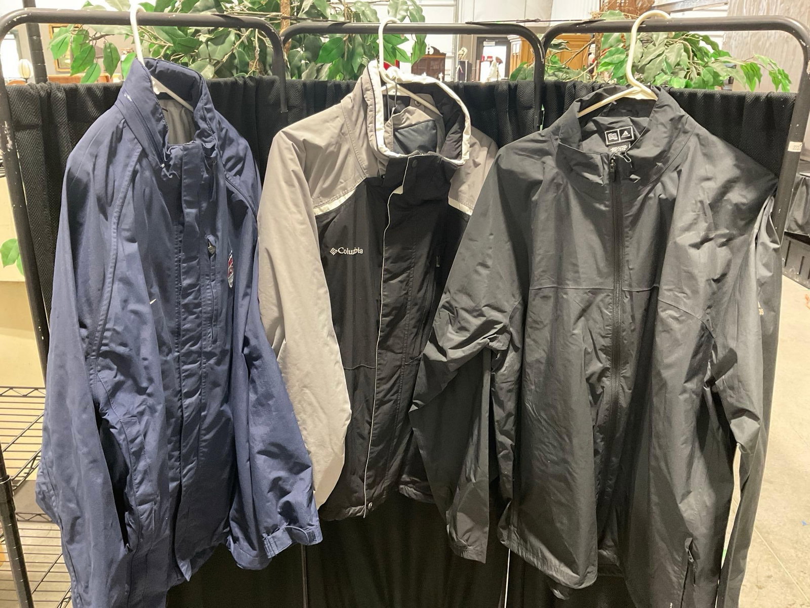Set of 3 Jackets, Adidas Full-Zip Windbreaker, Waterproof Columbia w/Hood, & Nike w/fold up hood: Approx the same size. 2XL for all of them. See pics for condition. Measures approx 36h x 28w x 5d inches. E-6290