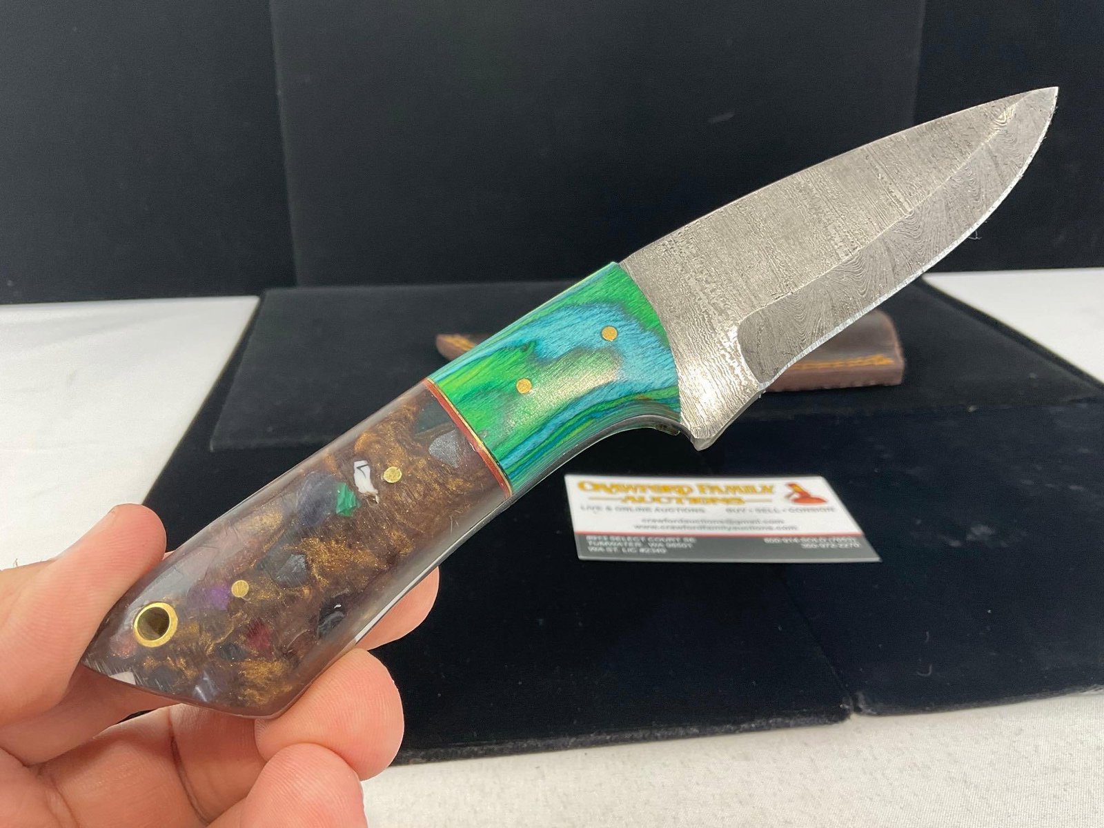 Damascus Steel Knife w/Tinted Wood & Mixed Resin Handle, w/Leather Sheath - 2