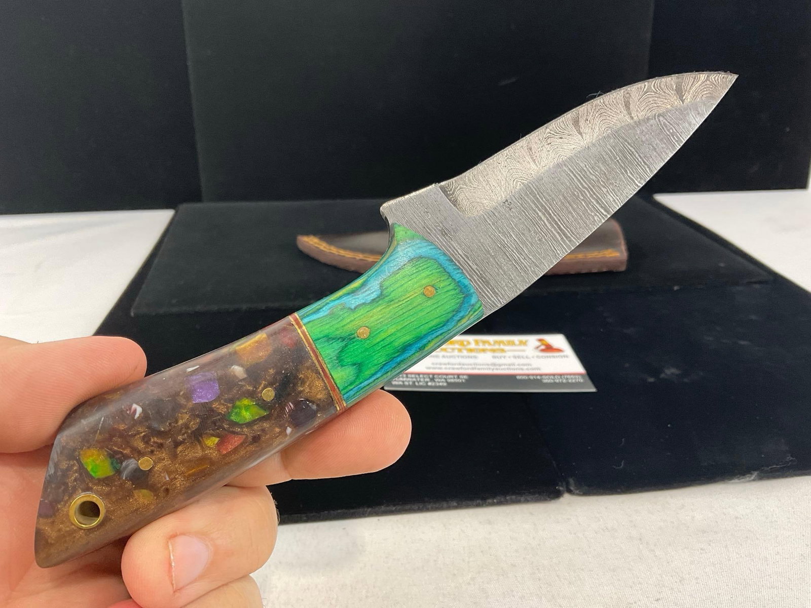Damascus Steel Knife w/Tinted Wood & Mixed Resin Handle, w/Leather Sheath - 3