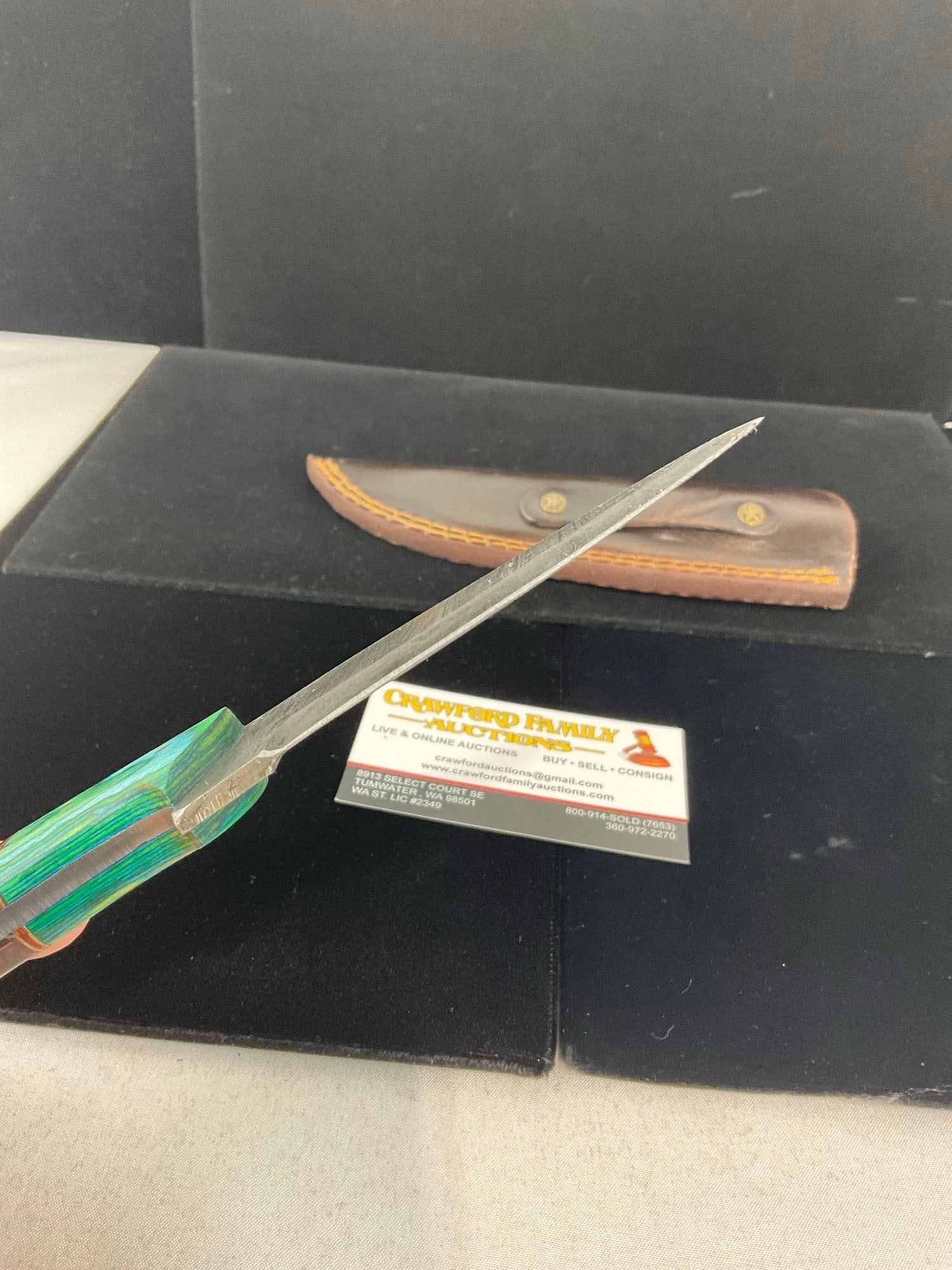 Damascus Steel Knife w/Tinted Wood & Mixed Resin Handle, w/Leather Sheath - 4