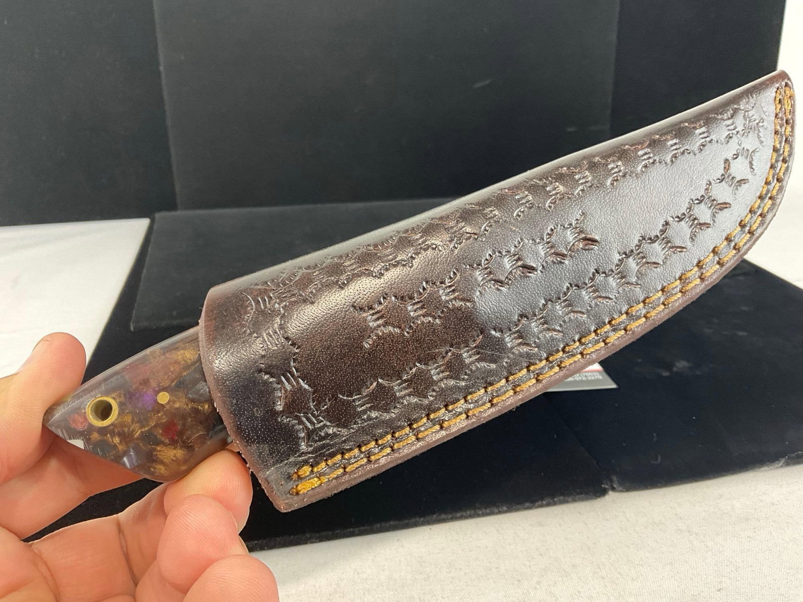 Damascus Steel Knife w/Tinted Wood & Mixed Resin Handle, w/Leather Sheath - 5