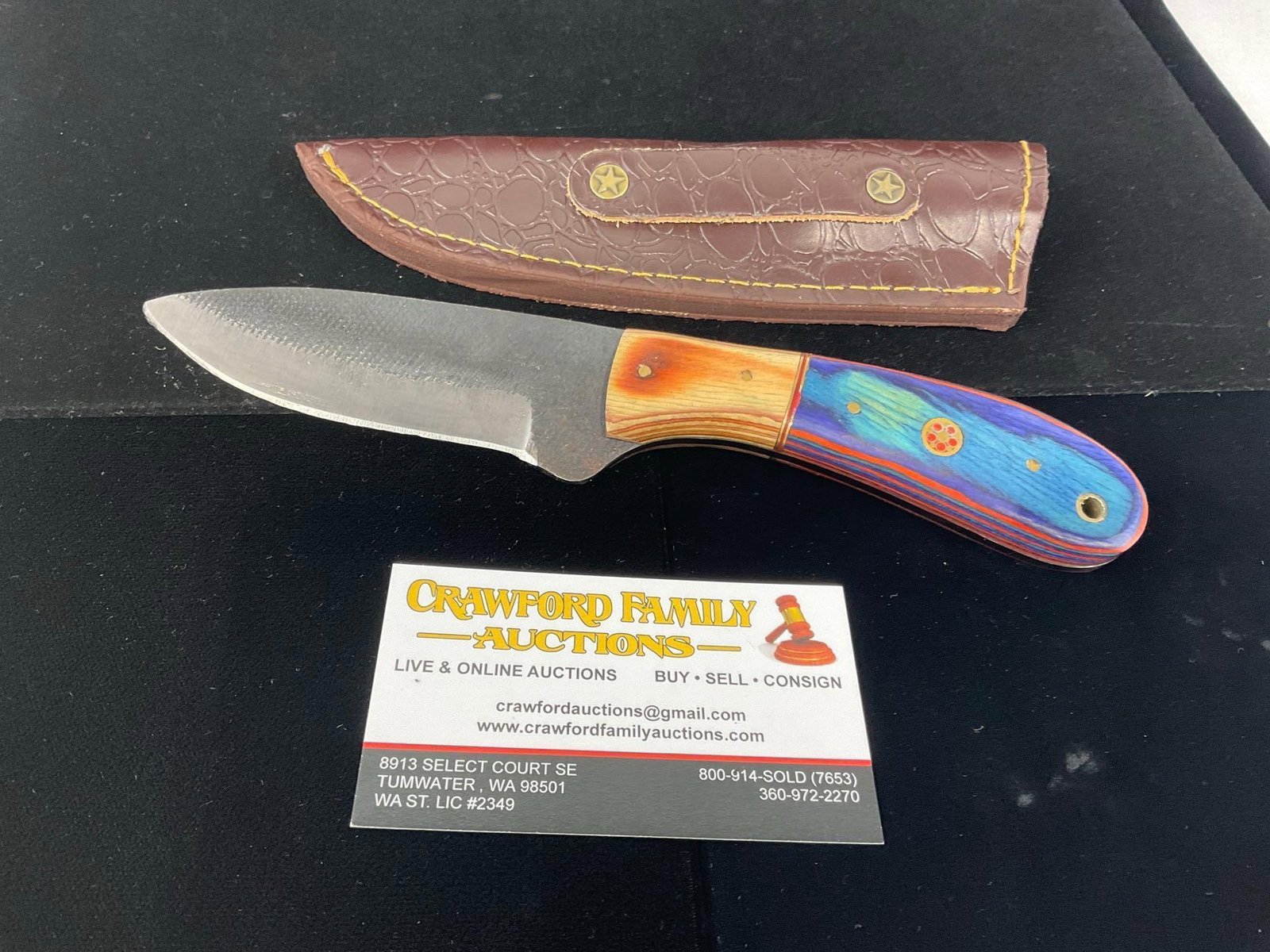 File Steel Knife, 3 inch, w/Tinted Wood Blue/Blonde & Leather Sheath: All these knives are from the same collection. See pics for condition. Blade measures approx 3.5 inches. Measures approx 10h x 3w x 2d inches. E-3440