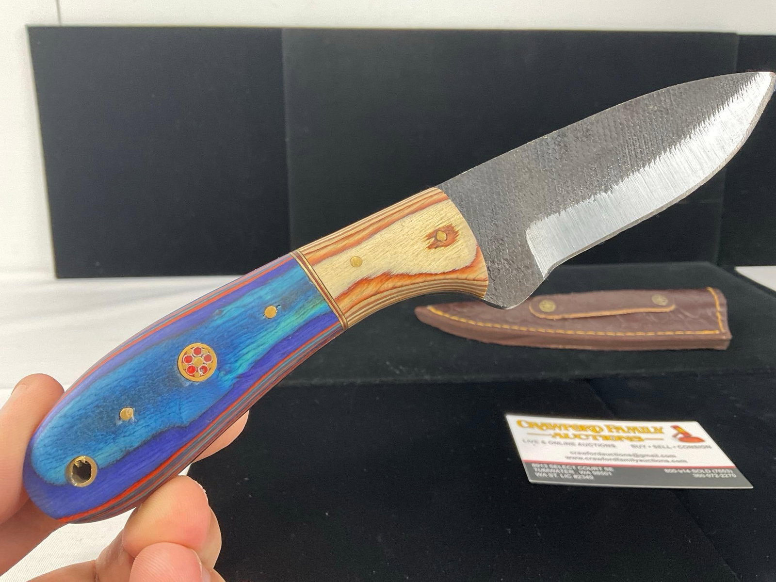File Steel Knife, 3 inch, w/Tinted Wood Blue/Blonde & Leather Sheath - 2