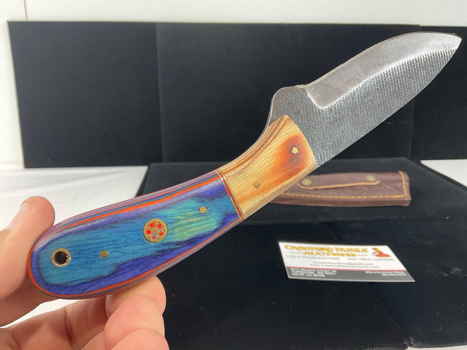 File Steel Knife, 3 inch, w/Tinted Wood Blue/Blonde & Leather Sheath - 3