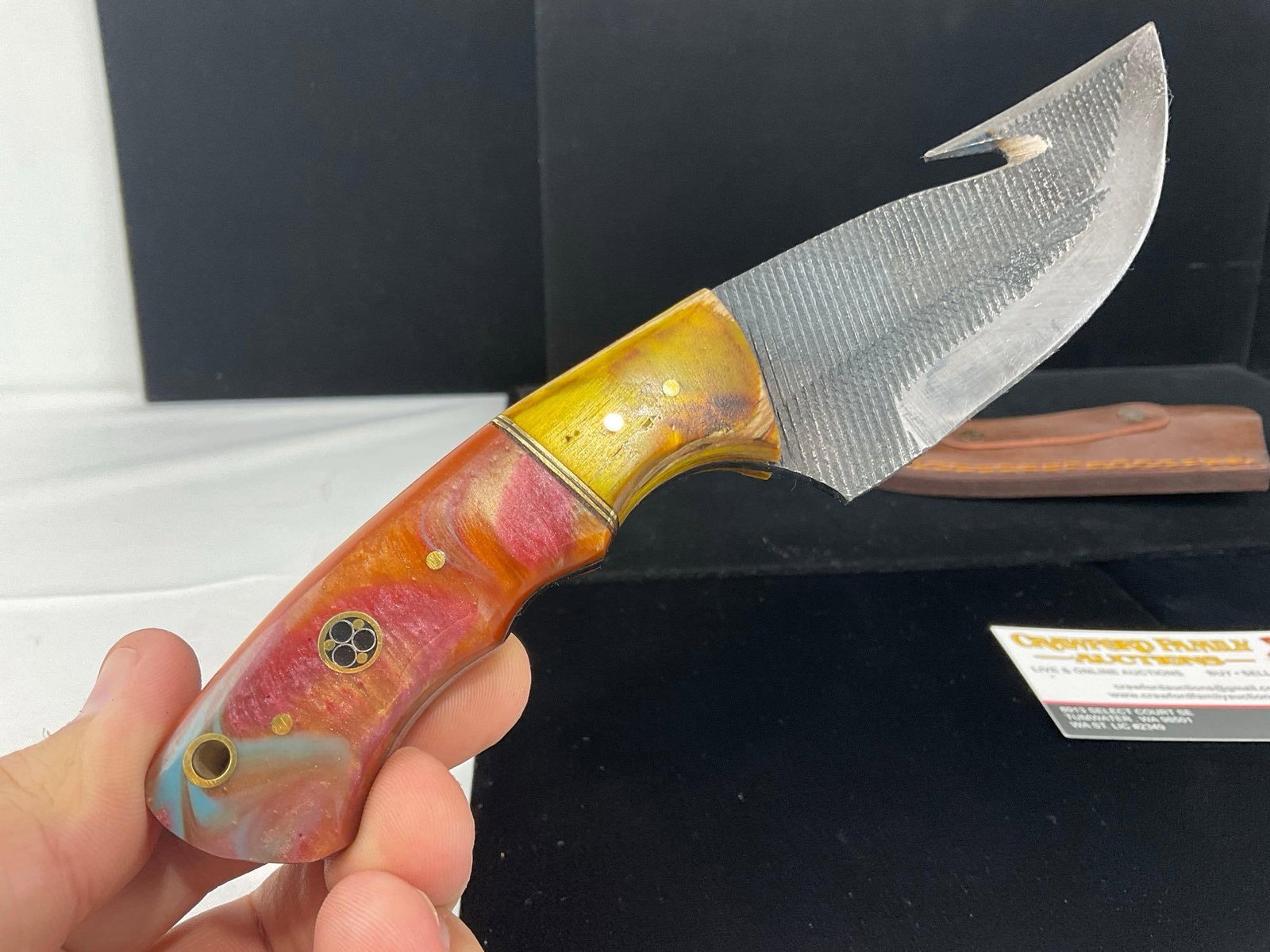 File Steel Blade, Tinted Wood & Bright Orange Resin Handle w/Hook cutter, Leather Sheath - 2