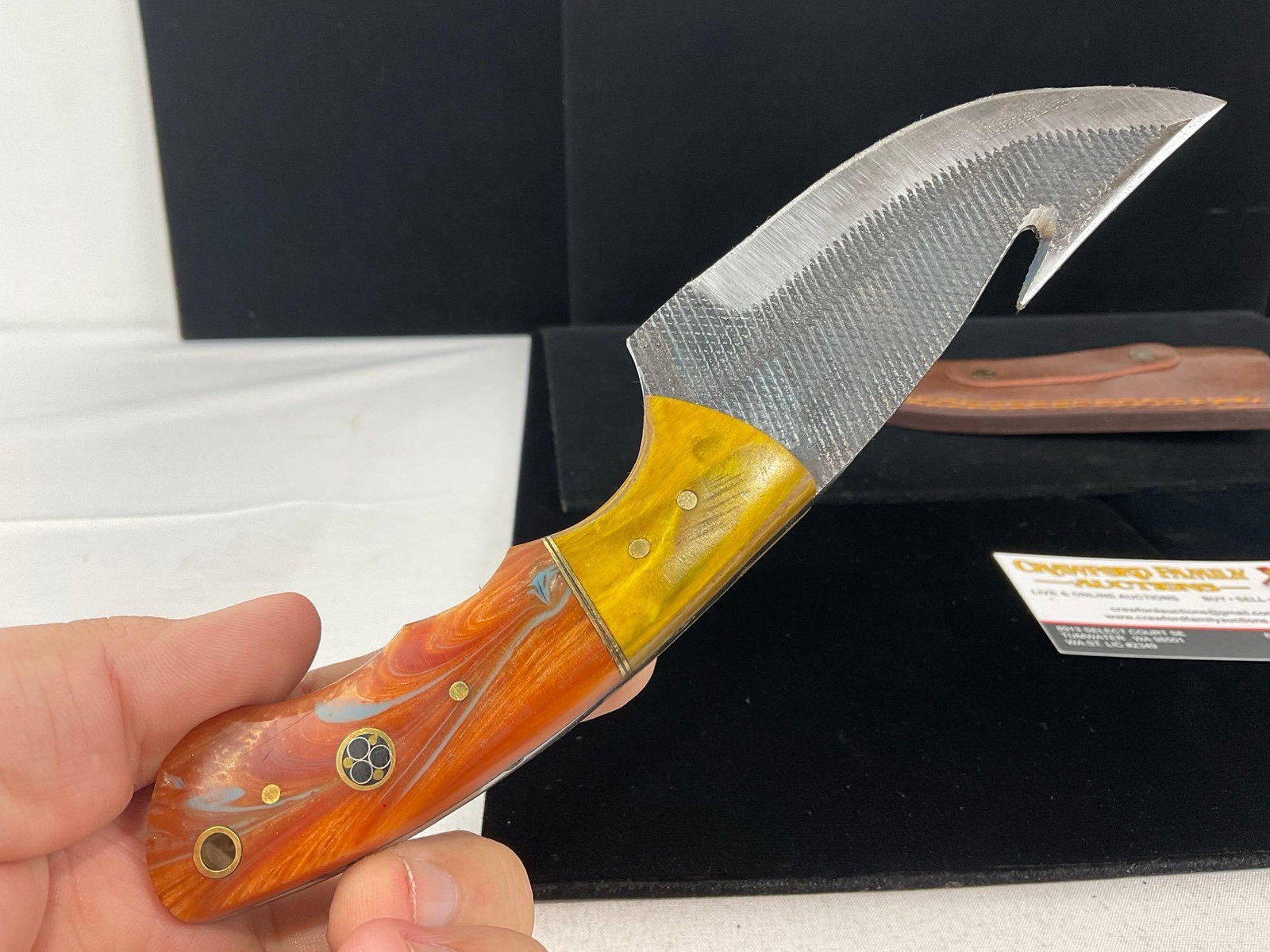 File Steel Blade, Tinted Wood & Bright Orange Resin Handle w/Hook cutter, Leather Sheath - 3