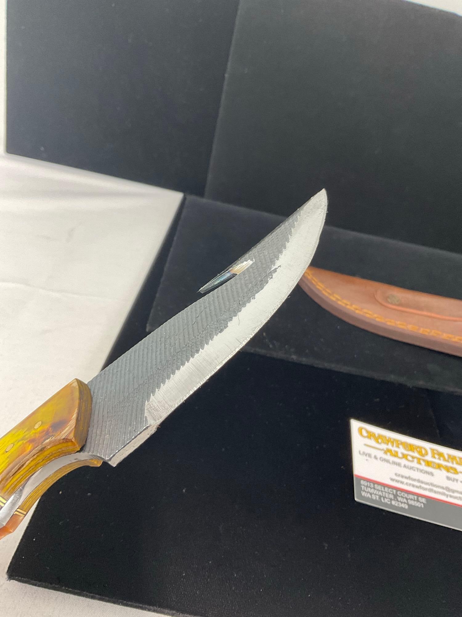 File Steel Blade, Tinted Wood & Bright Orange Resin Handle w/Hook cutter, Leather Sheath - 4